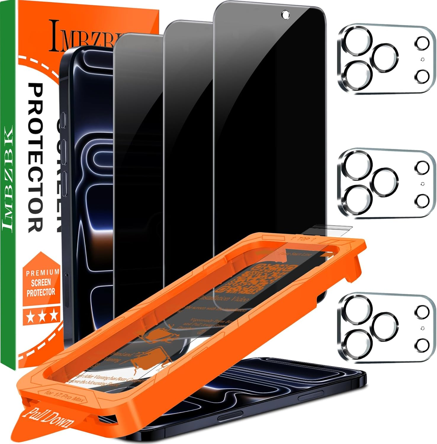 [Auto-Dust Removal] IMBZBK 3 Pack Privacy Screen Protector for Iphone 17 Pro Max [6.9 INCH] anti Spy Private Accessories, Case Friendly Film, Military Grade Tempered Glass 3 Camera Lens Protector image number 1