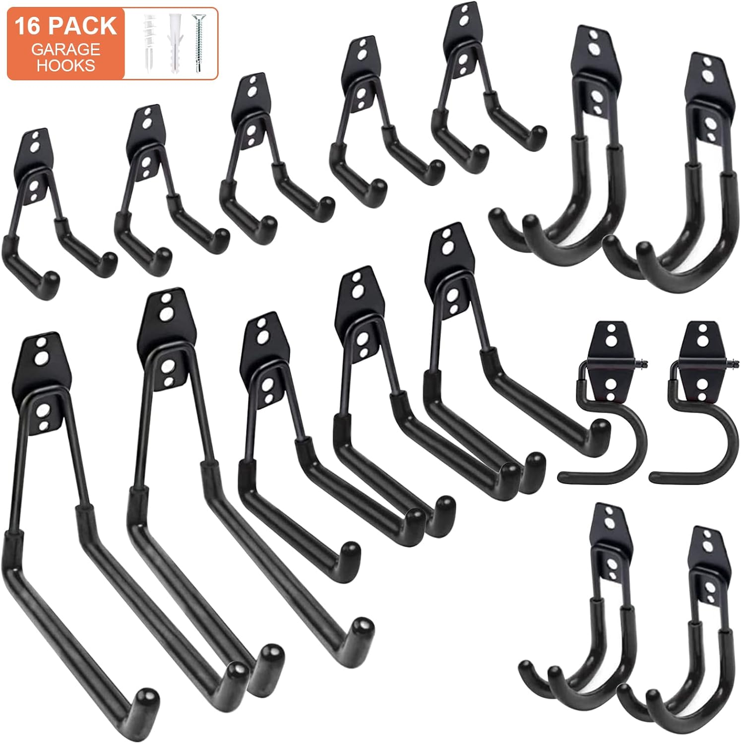 Sulishang 16 Pack Garage Hooks Heavy Duty, Utility Steel Garage Storage Hooks, Wall Mount Tool Organizer with Anti-Slip Coating for Garden Tools, Ladders, Bulky Items and More Equipment (Orange)