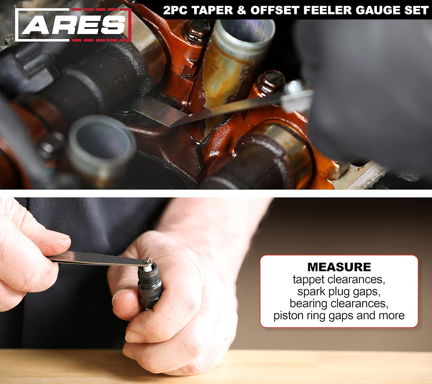 ARES 11042-2-Piece Tapered Feeler Gauge and Offset Feeler Gauge Set - Tapered Gauge Has 32 Dual-Marked SAE & Metric Sizes - Offset Has 16 Dual-Marked Sizes - Precisely Measure Mechanical Clearances image number 6