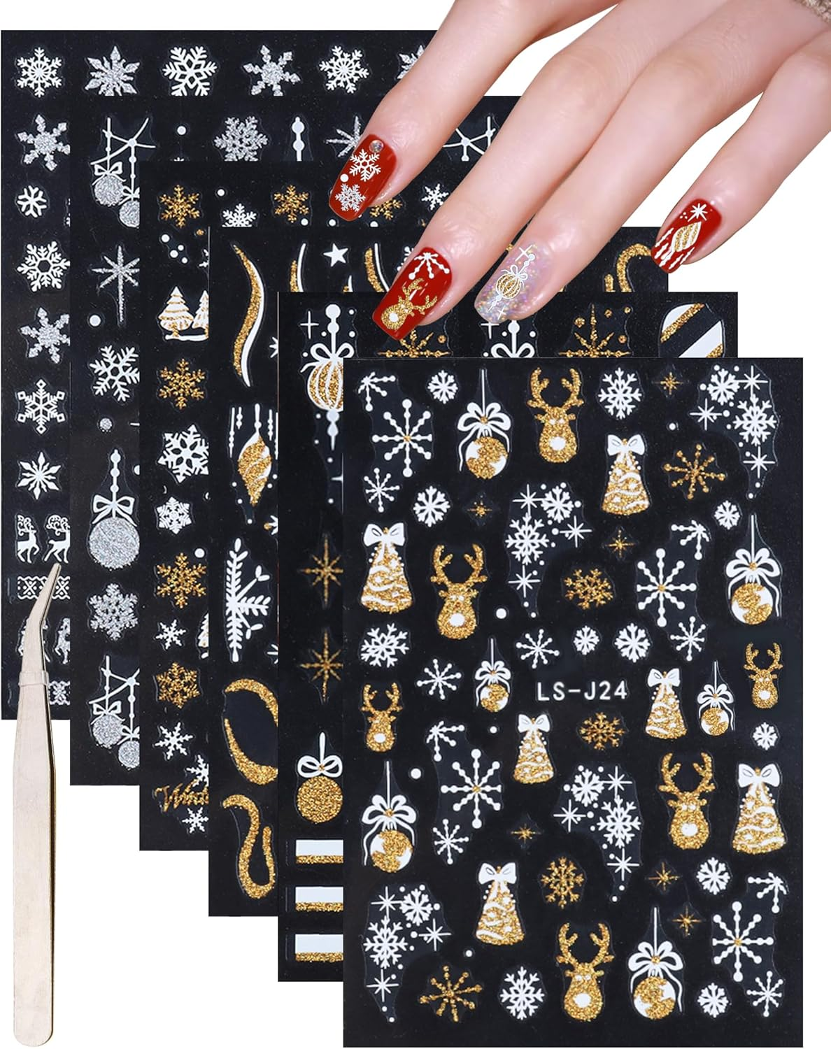 Nail Stickers Christmas Snowflakes 6 Sheets Nail Art Stickers Self-Adhesive Nail Stickers and 1 Tweezers Winter Elk Snowflake Gold Silver Glitter Decoration Stickers Nail Design Accessories Set E
