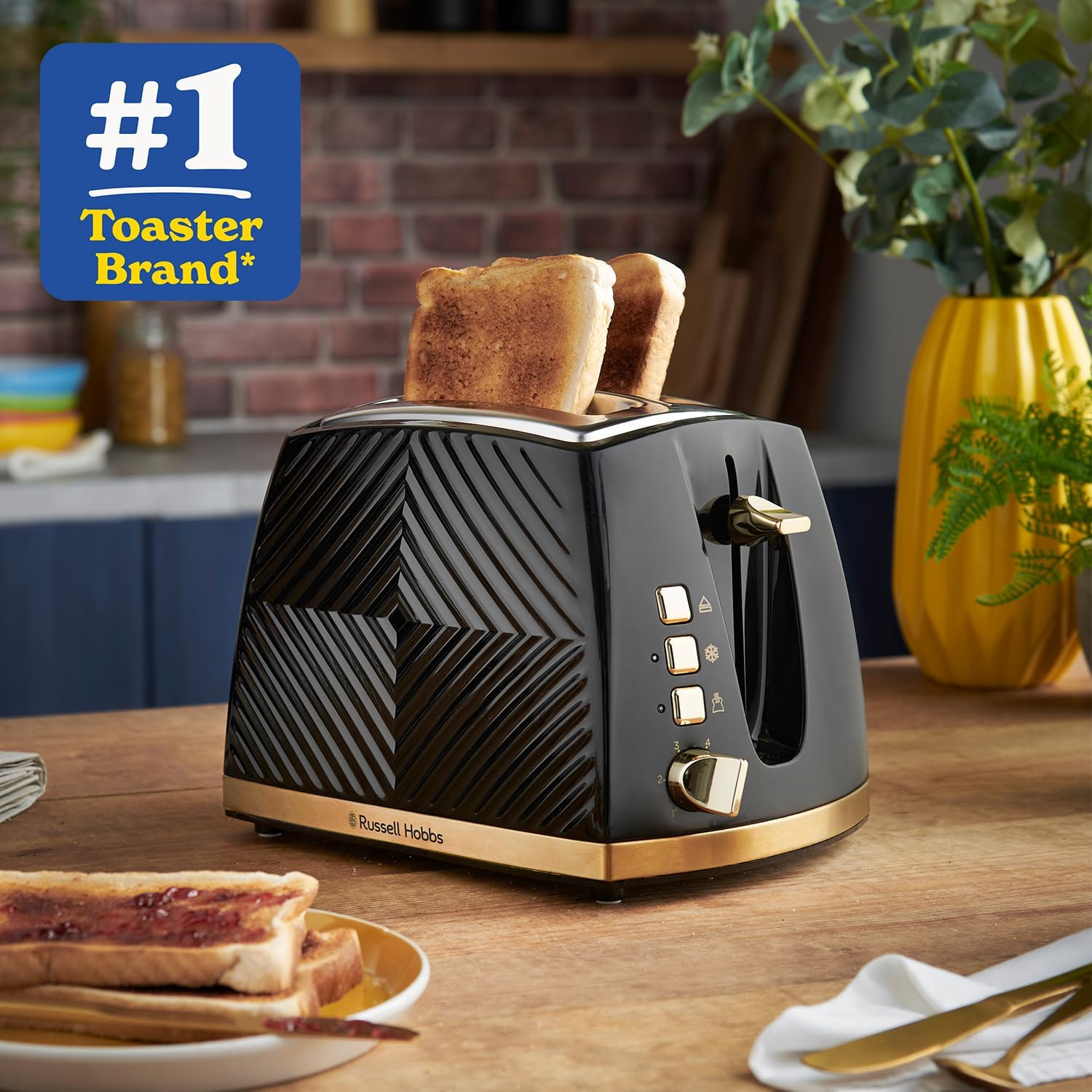 Russell Hobbs Groove 2 Slice Toaster (High Lift, Extra Wide Slots, 6 Browning Levels, Frozen/Cancel/Reheat Function - Illuminated Buttons, Removable Crumb Tray, 850W, Black, Brushed Gold Accents)26390 image number 1