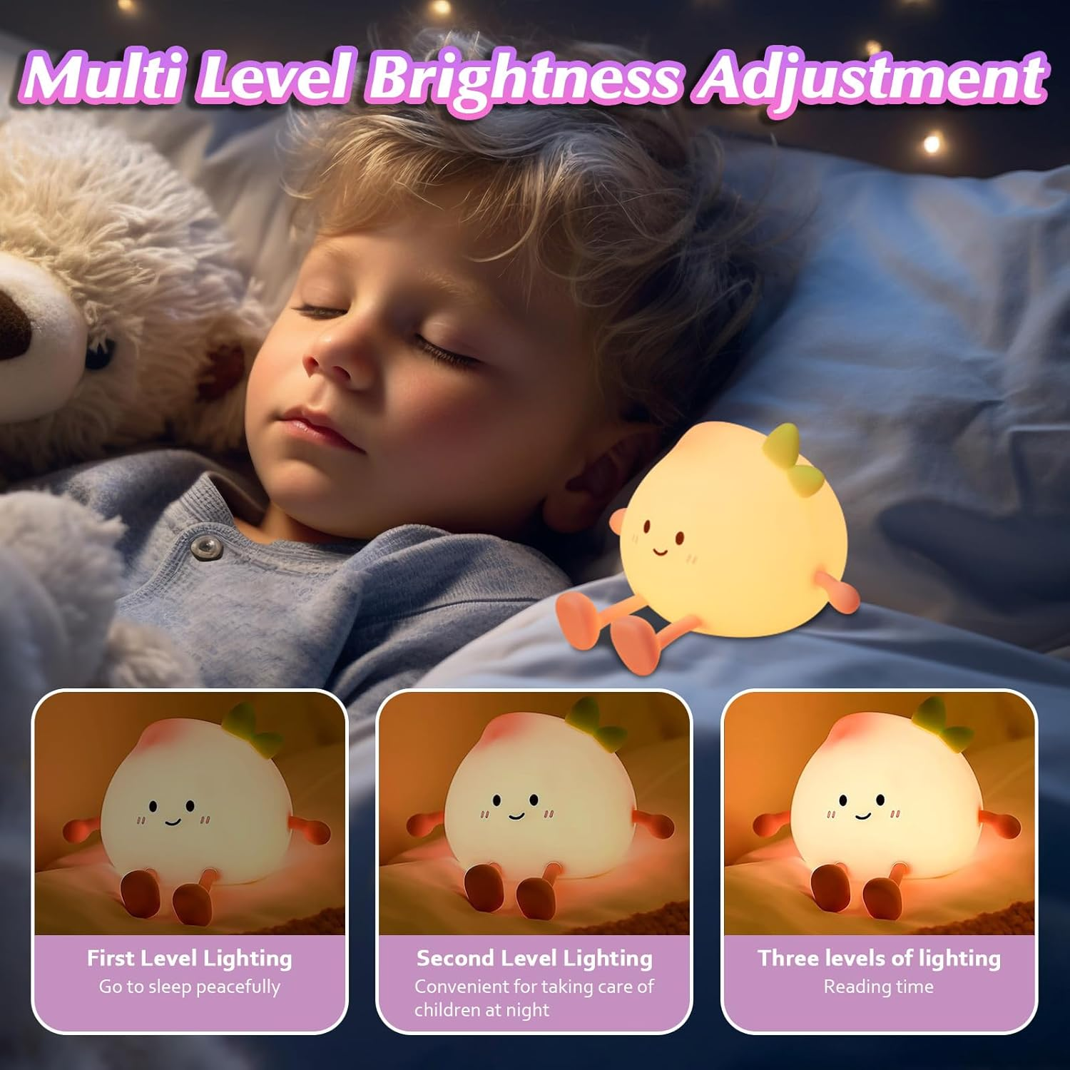 Kids Night Light,Fruit Peach Night Light 7 Color Silicone LED Touch Light Lamp for Baby and Toddler,Cute Squishy Lamp for Boys Girls Room Dimmable Portable Rechargeable Bedside Bedroom Decor image number 2
