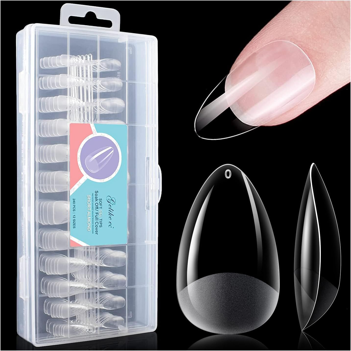 Gelike EC Extra Short Soft Gel Nail Tips Kit for Soak off Nail Extensions, Full Cover, Square Shaped, Pre-Buff PMMA Resin, Clear Ultra-Thin Design, 12 Sizes, 240 Pieces