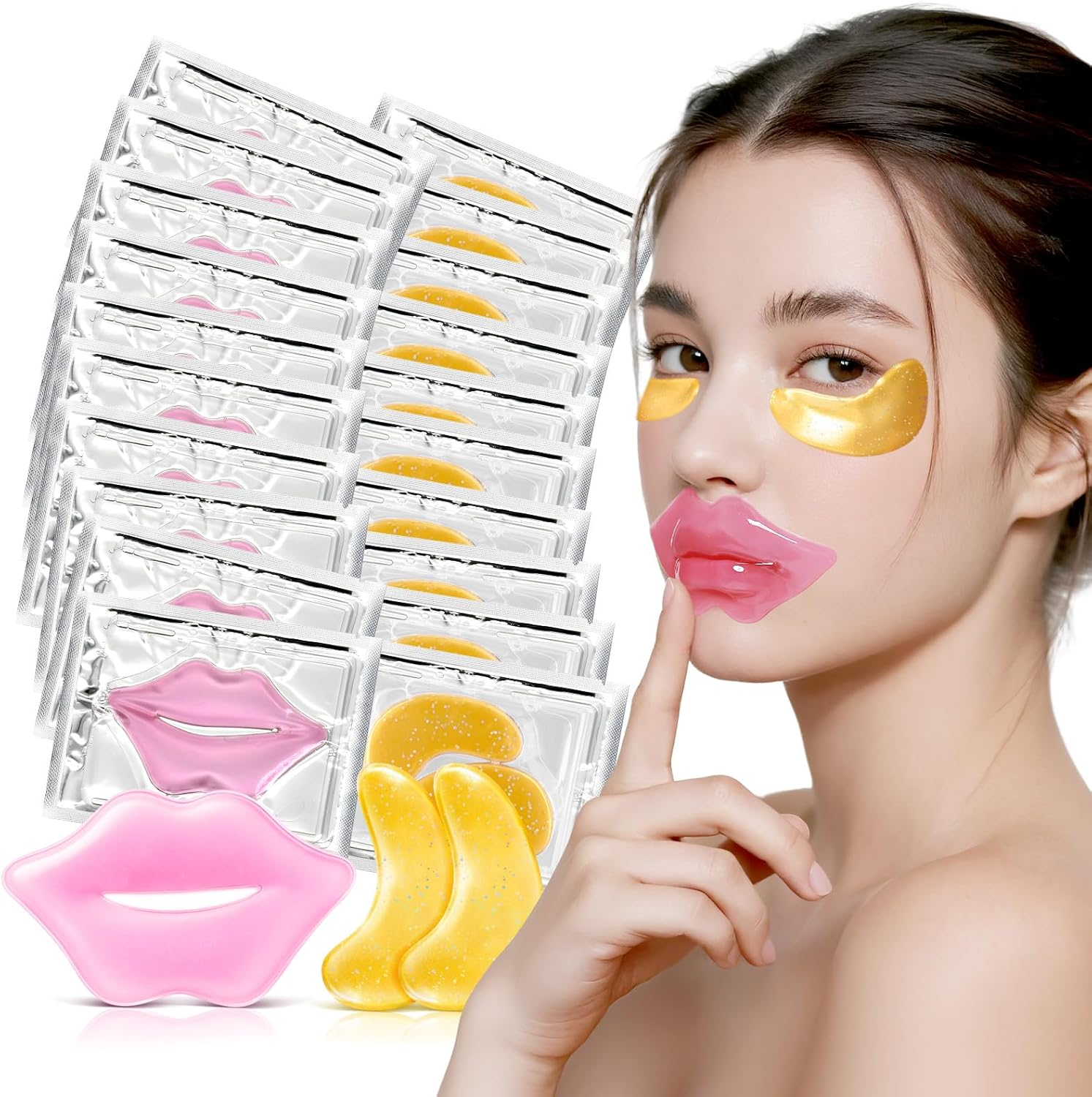 20 Pcs Collagen Gold Eye Mask & Pink Lip Mask Set&ndash;Hydrating under Eye Patches & Lip Masks for Puffy Eyes,Dark Circles & Dry Lips&ndash;Skincare Gift Set for Women image number 1
