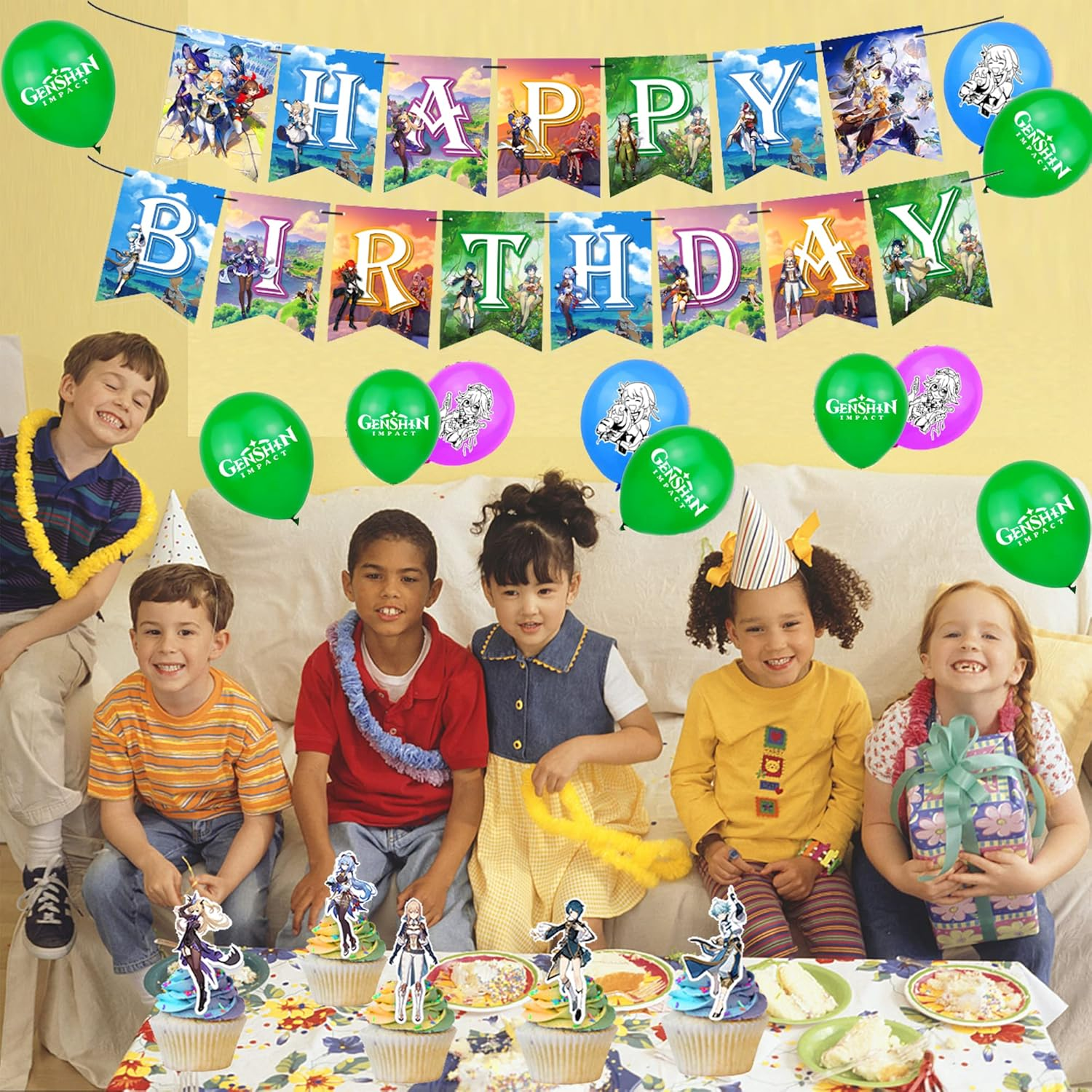 Genshin Impact Birthday Balloons & Decorations - Blue Traveler Themed Party Pack with Banner, 16 Latex Balloons & 13 Cake Toppers