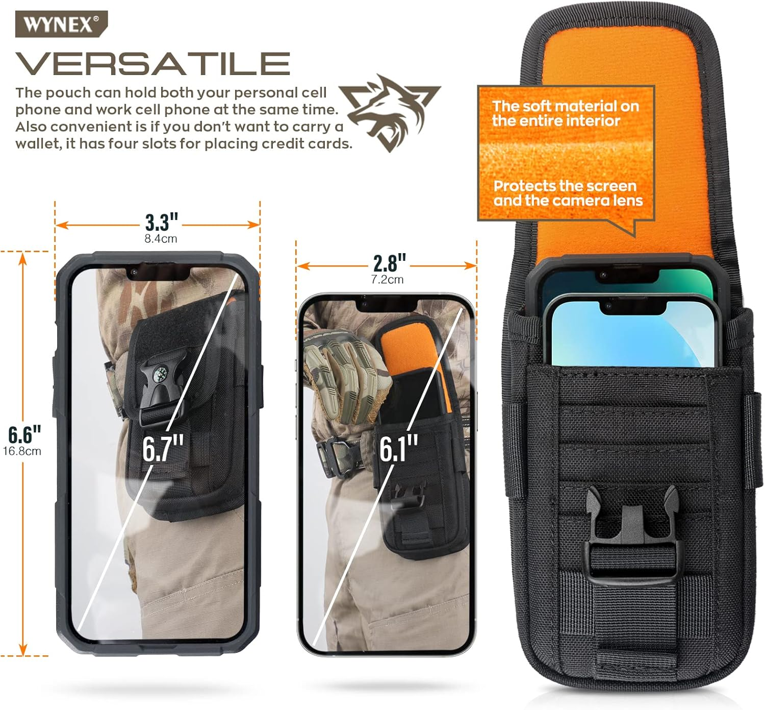 WYNEX Tactical Molle Phone Pouch with Compass Buckle, Tactical Phone Holster Molle Cell Phone Pouch Universal Belt Waist Bag for IP 15/14/13 Pro Max / S22/S21 with US Patch & Paracord Keyring Clip - Khaki image number 6