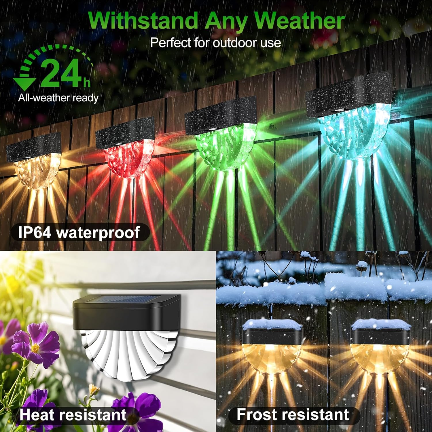 Solar Lights Outdoor, 8 Pack Solar Fence Lights Outdoor Waterproof, 2 Lighting Modes Solar Wall Light for Outdoor Stairs, Step, Fence, Yard, Patio and Pathway, Warm/Multicolor image number 4