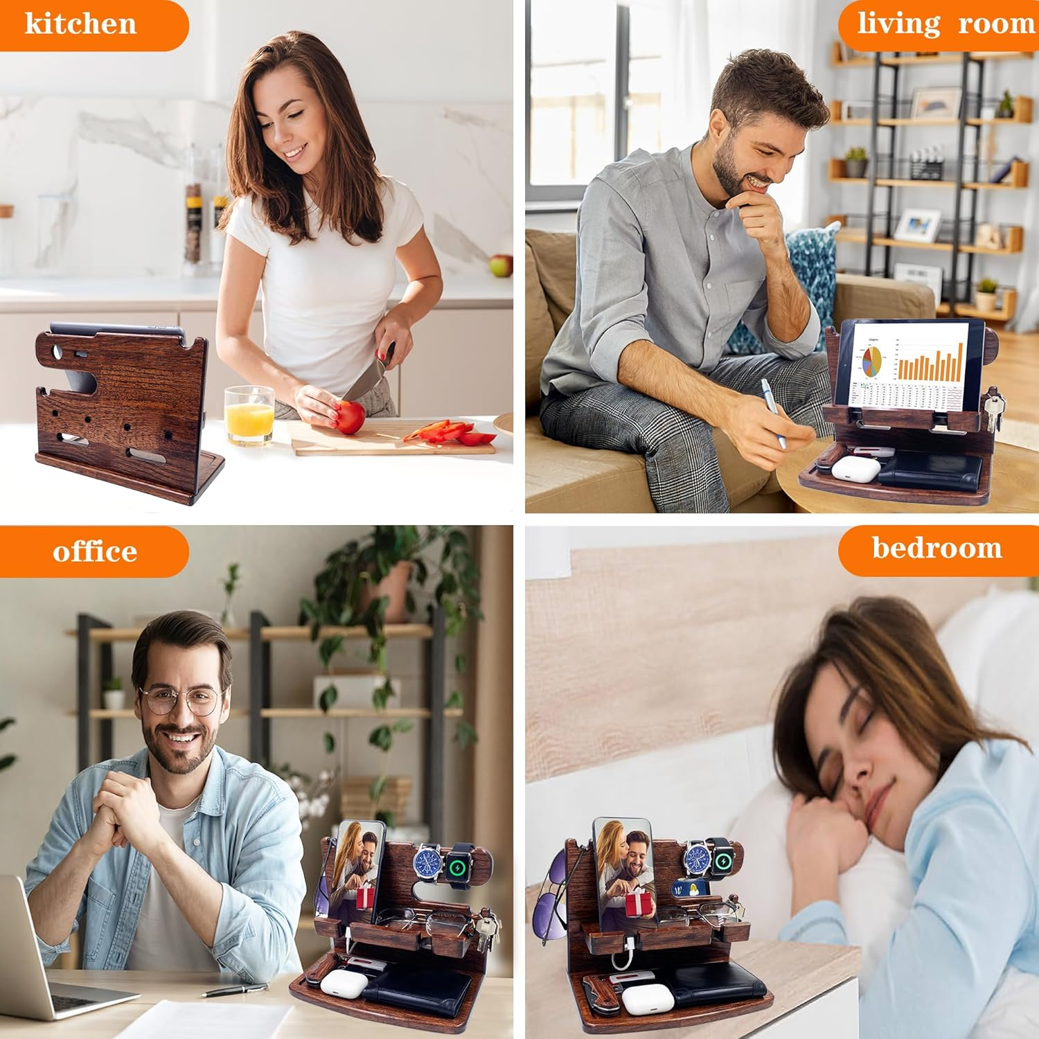 Gifts for Men Women Dad Husband Boyfriend Wood Phone Docking Station Nightstand Organizer for Men Birthday Gifts (Dark Brown) - White image number 4