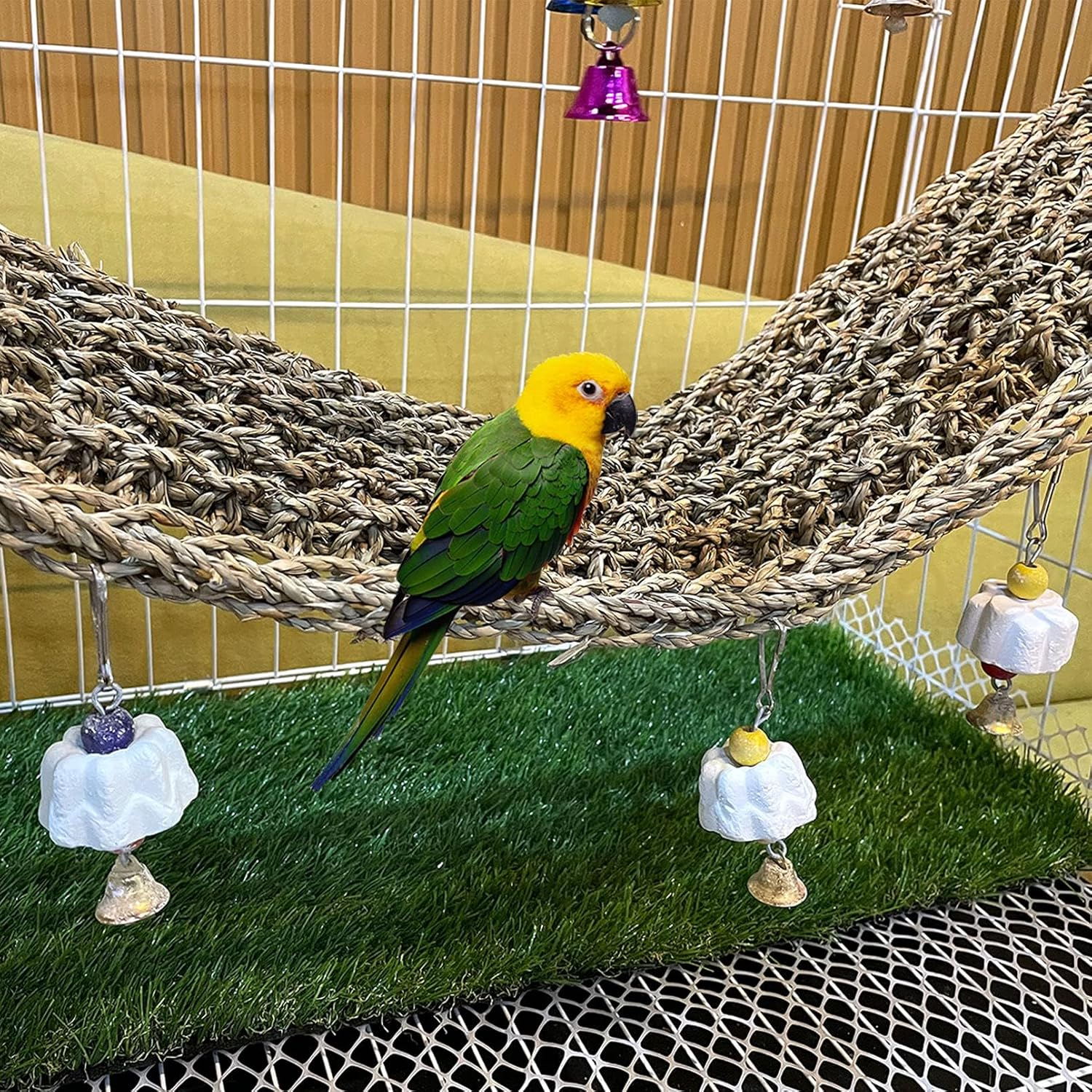 Bird Seagrass Mat,Natural Grass Woven Net Hammock Parakeet Chew Toys Trimming Cage Accessories Climbing Rope Ladder with Hooks Lovebird Cockatiel Conure Budgie,Size 28.3" X 6.7" image number 1