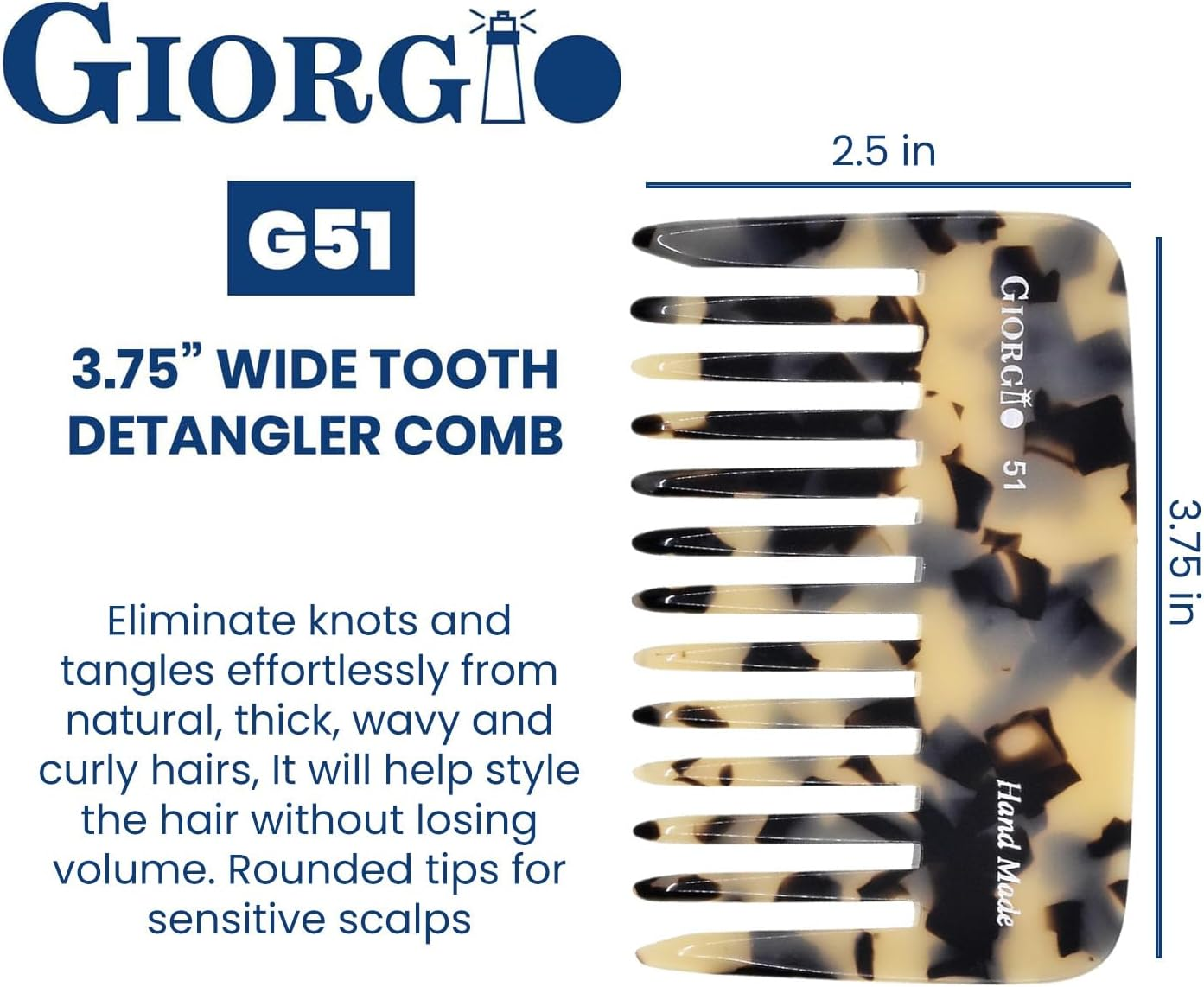 Giorgio G51TW Small Travel Purse Hair Detangling Comb, Wide Teeth Pocket for Thick Curly Wavy Hair. Detangler for Wet and Dry Everyday Care. Handmade of Cellulose, Saw-Cut Hand Polished