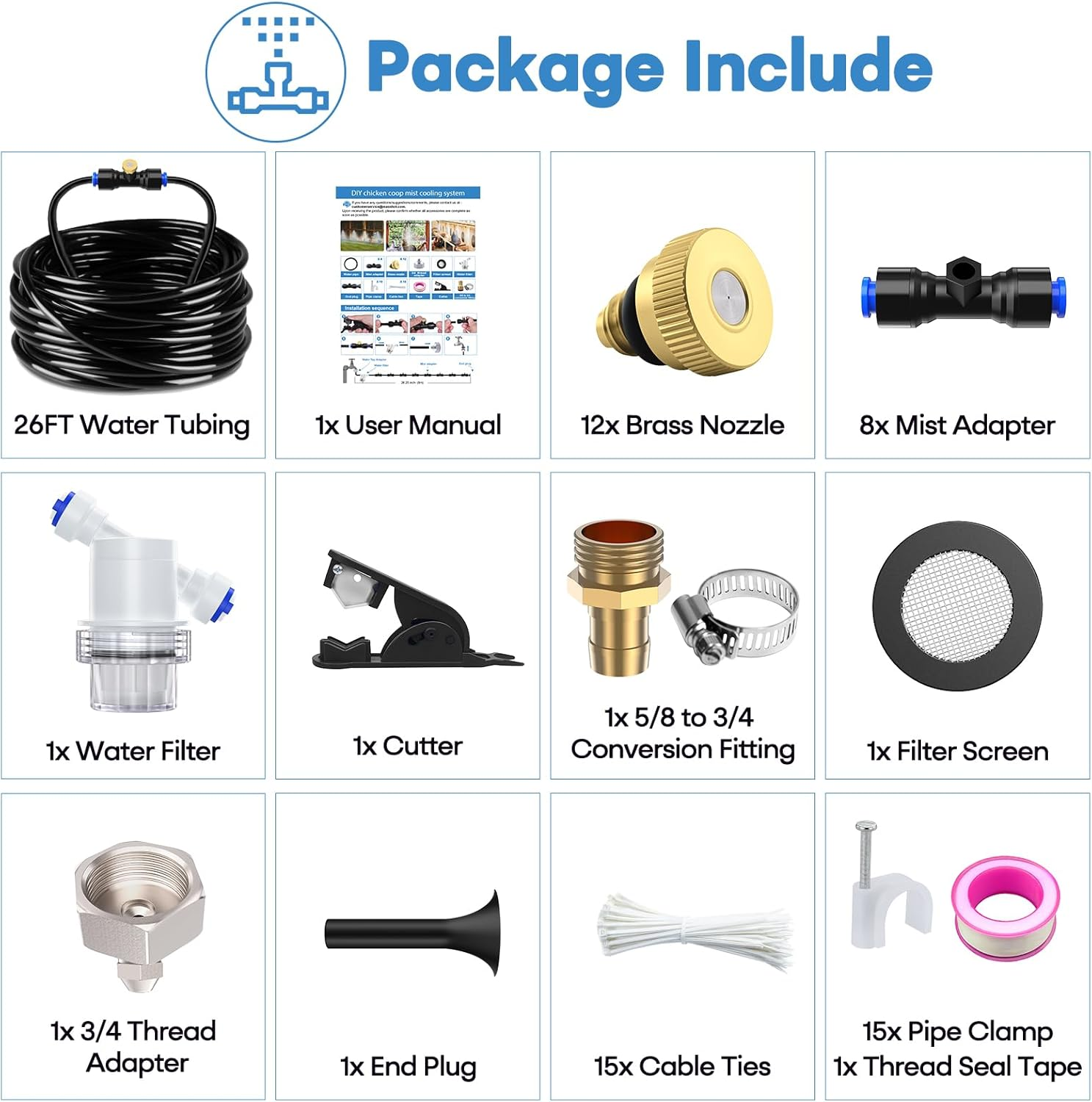 Chicken Coop Mister, 26FT Chicken Cooling System with 12 Brass Misting Nozzles, Filter, Cutter & 3/4" Adapter, Backyard Chicken Misters for Coop, Chicken Coop Accessories for Summer Heat image number 5