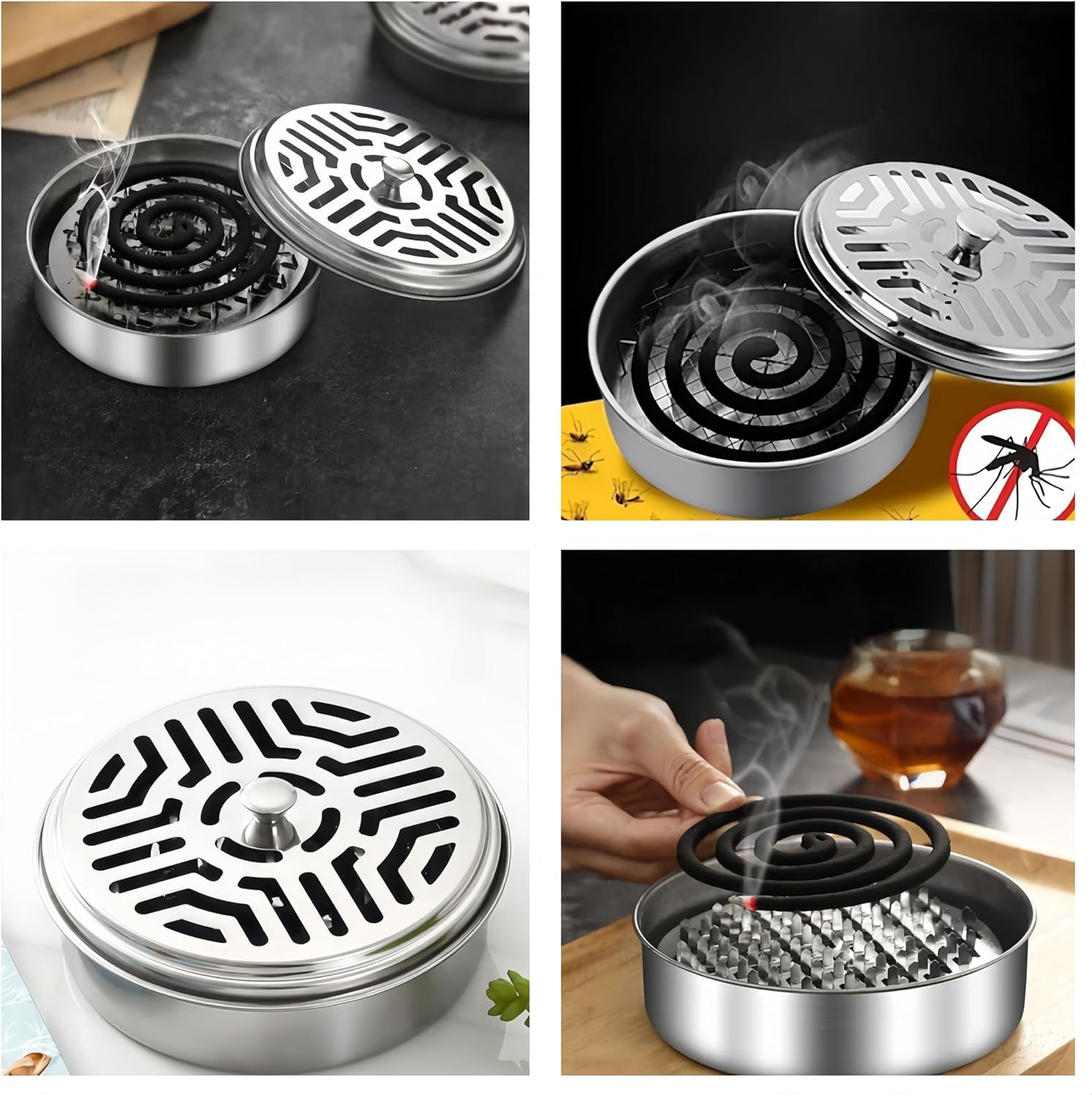 Ai-Oumleef 2Pcs Mosquito Coil Box, Portable Mosquito Coil Holder, Stainless Steel Mosquito Coil Holder with Lid, anti Mosquito Smoke Coil Container, for House Garden Camping Fishing image number 3