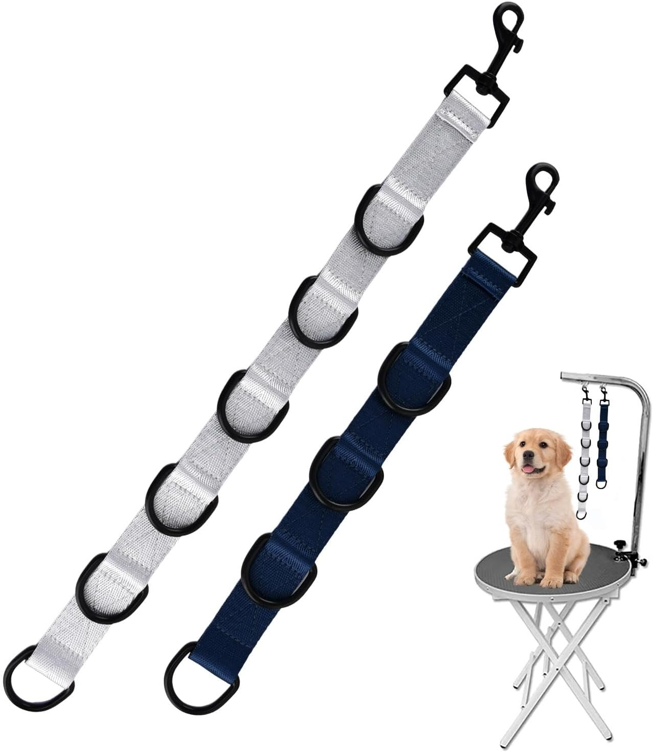 2Pcs Dog Grooming Extension Strap with 4 D-Ring and 6 D-Ring Grooming Loops Adjustable Extender Straps Quick Release Pet Dog Leashes for Grooming(Color:Black Silver) image number 3