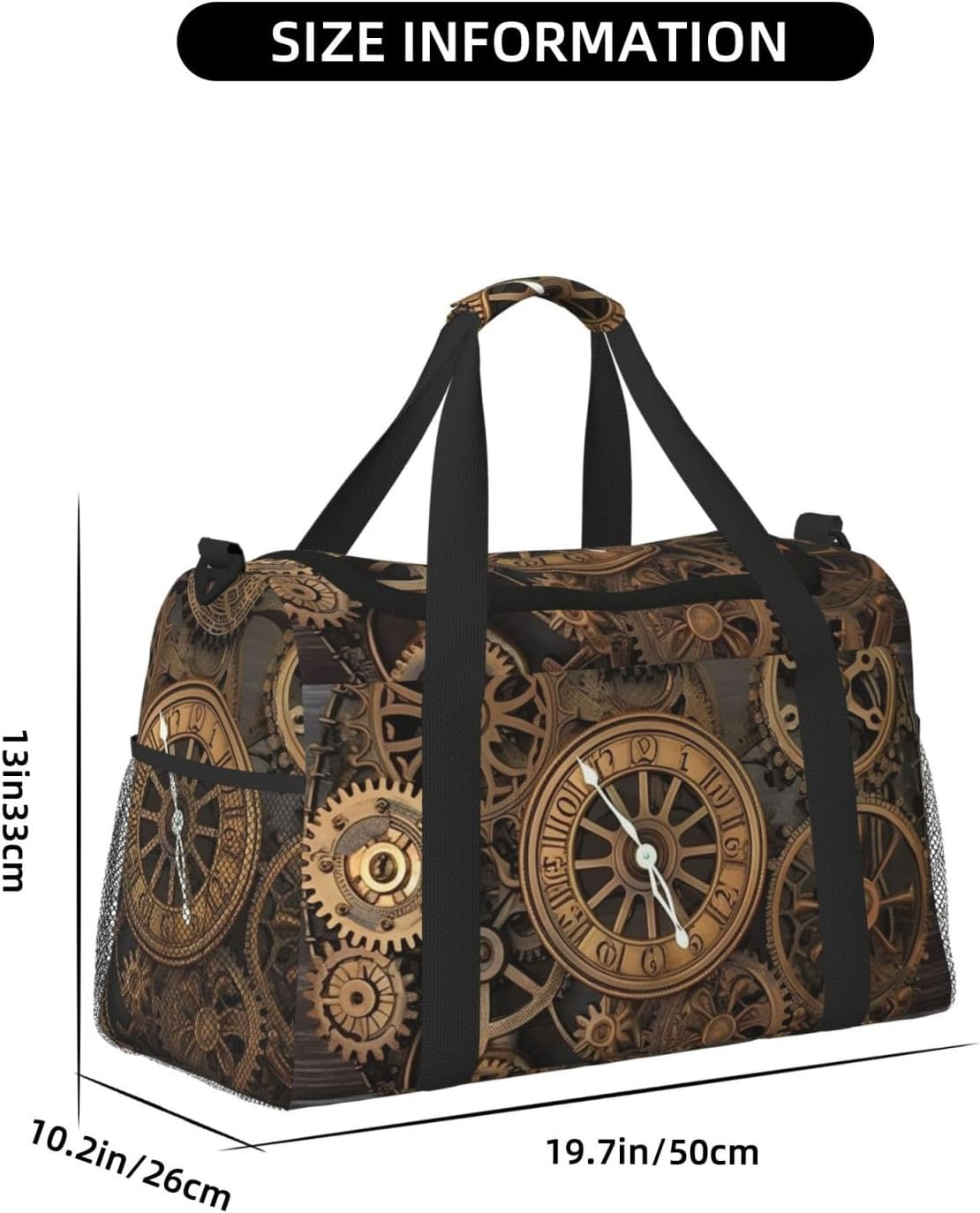 Steampunk Gears Clock Travel Duffel Bag Lightweight Waterproof Carry on Tote Bag Foldable Weekender Overnight Bags Sport Gym Bag for Women Men, Black, One Size image number 4