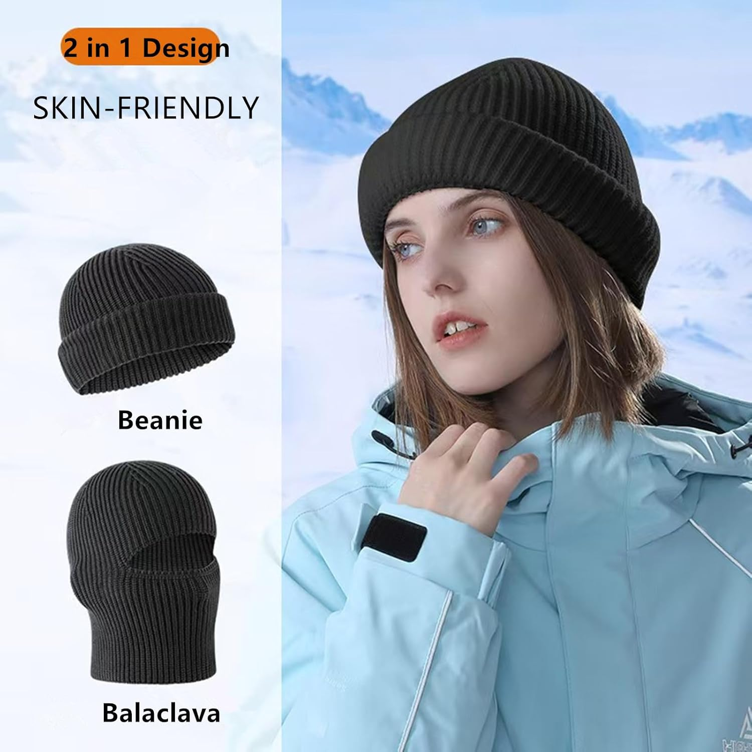 Balaclava Ski Mask Cold Weather Balaclava Mask Warm Face Mask Balaclava and Beanie Hats for Men 2 in 1 image number 3