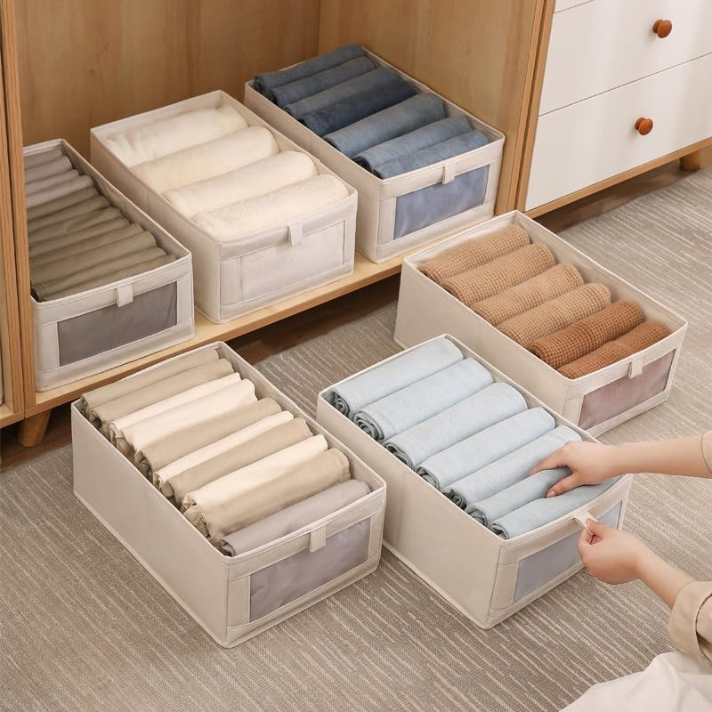 6 Pcs Linen Closet Organizers and Storage Clothing Bins Large Foldable Box with Window Storage Baskets for Closet Shelf Clothes Jeans Toys Organization, Cube Storage Boxes for Organizing (6) image number 1