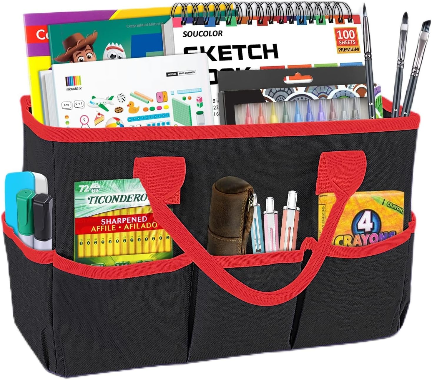 Godery Desktop Tote and Stock Organize, Teacher Helper Tote Bag Organization for Arts, Books, Stationery, Etc, and Office Desk Organize, Make-Up Storage Tote with Handles for Travel (PINK)