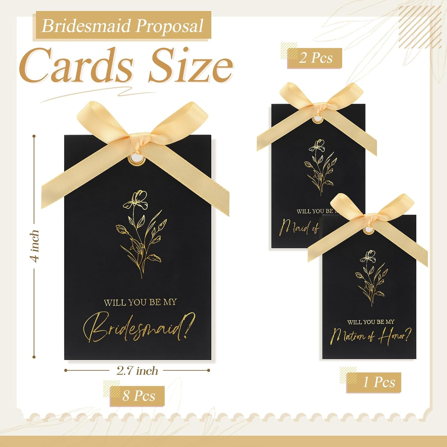 11 Pcs Bridesmaid Proposal Card with Ribbon Bow Floral Metallic Bridal Gift 8 Will You Be My Bridesmaid 2 Maid of Honor 1 Matron of Honor Invitation for Bridal Shower (Black, Gold) image number 5