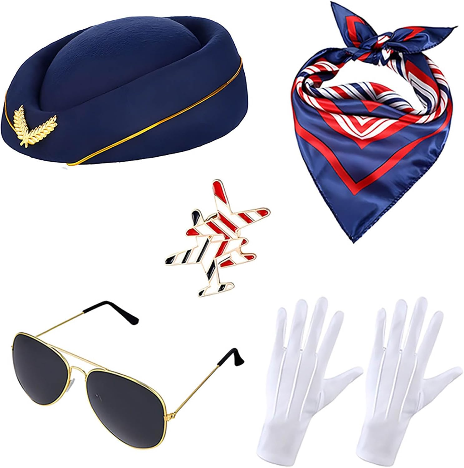 Pilot and Flight Attendant Accessories for Adult Men and Women Costume Accessory Stewardess Outfits Bellhop Hat Scarf Sunglasses Gloves
