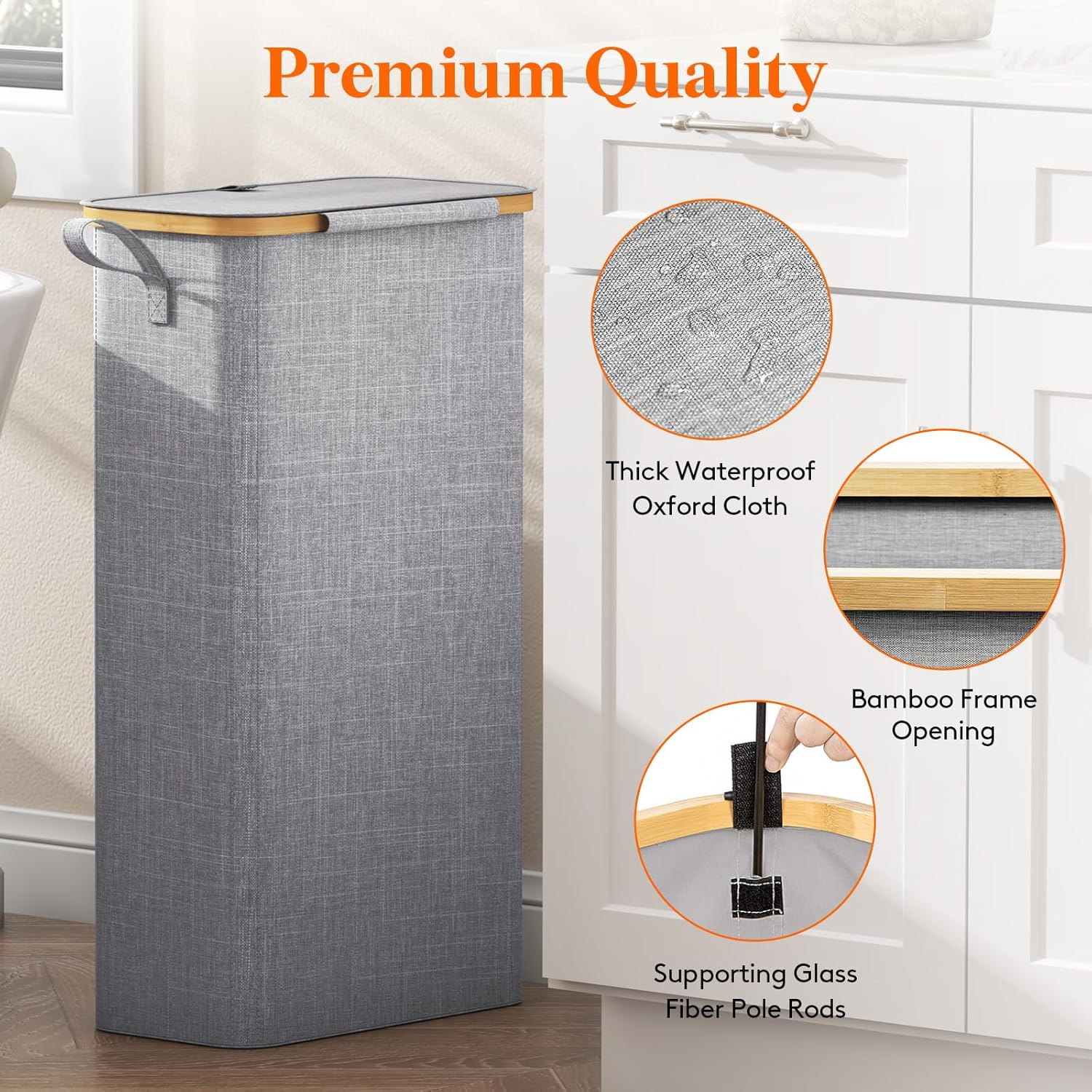 Lifewit 65L Slim Laundry Hamper with Lid, Narrow Laundry Basket with Removable Bag & Bamboo Handles, Fodable Thin Dirty Clothes Hamper for Laundry Collapsible Bin for Bathroom Bedroom Dorm, Gray