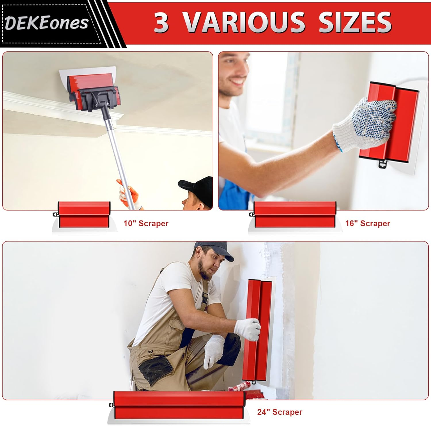 Dekeones Drywall Skimming Blade Set, Stainless Steel 10",16" & 24" Skimming Blades with 28"-62" Extension Handle Pole, Professional Drywall Skimming Tools for Smoothing Wall and Ceiling image number 6