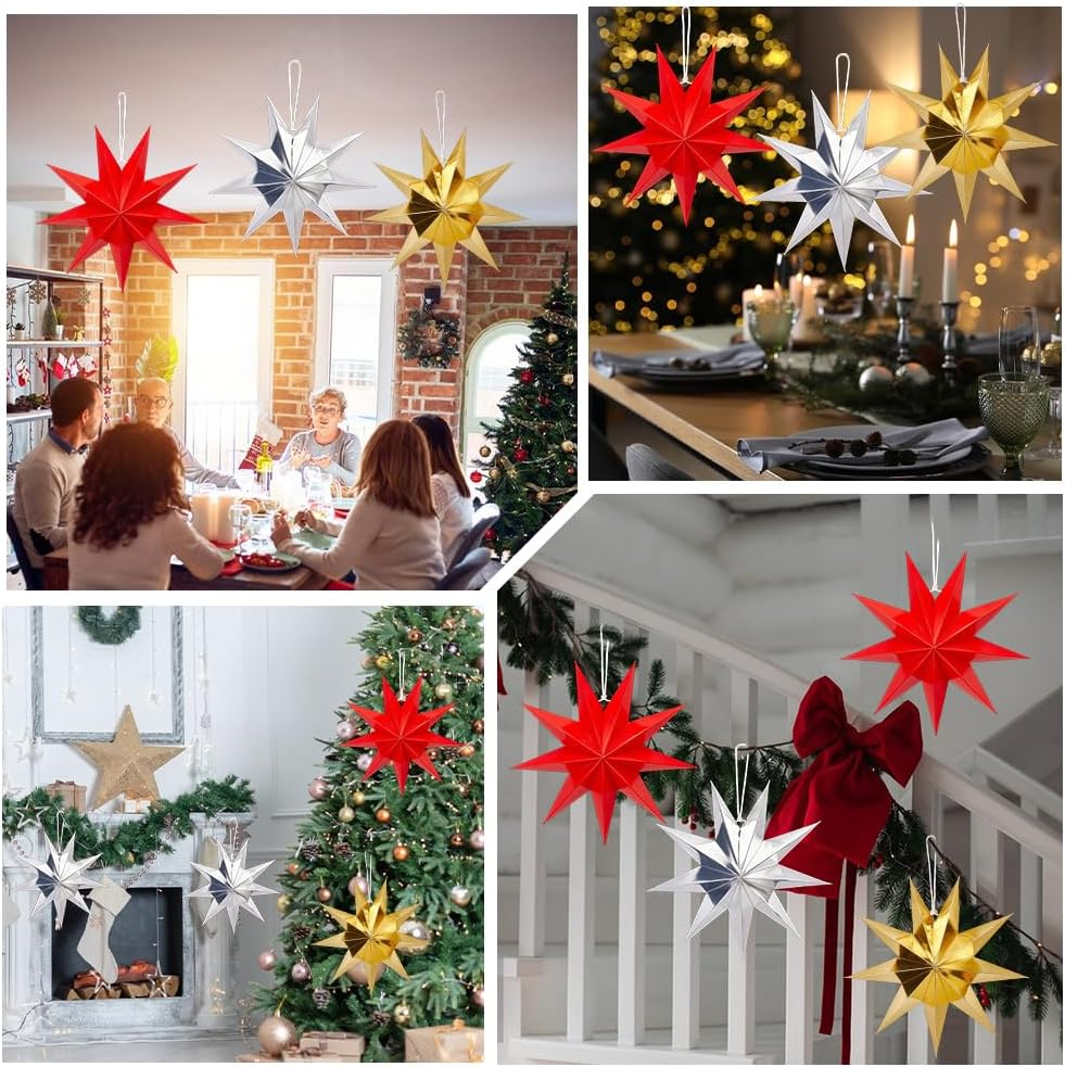 GORGECRAFT 6Pcs 3 Colors Paper Star Lanterns Gold Silver Red Nine Pointed Stars Winter Holiday Christmas Xmas Hanging Lampshade Lantern Decorations for Wedding Birthday Party Home Decor image number 4