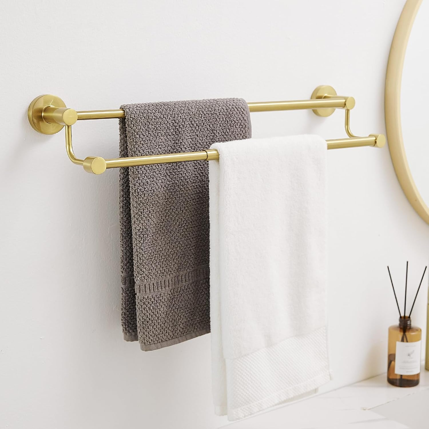 Besy Adjustable 16-26 Inches Double Bath Towel Bar for Bathroom SUS304 Stainless Steel Towel Holder, Hotel Style Wall Mount with Screws Hand Towel Bar，Towel Rack Rod Hanger, Brushed Gold Finish image number 3