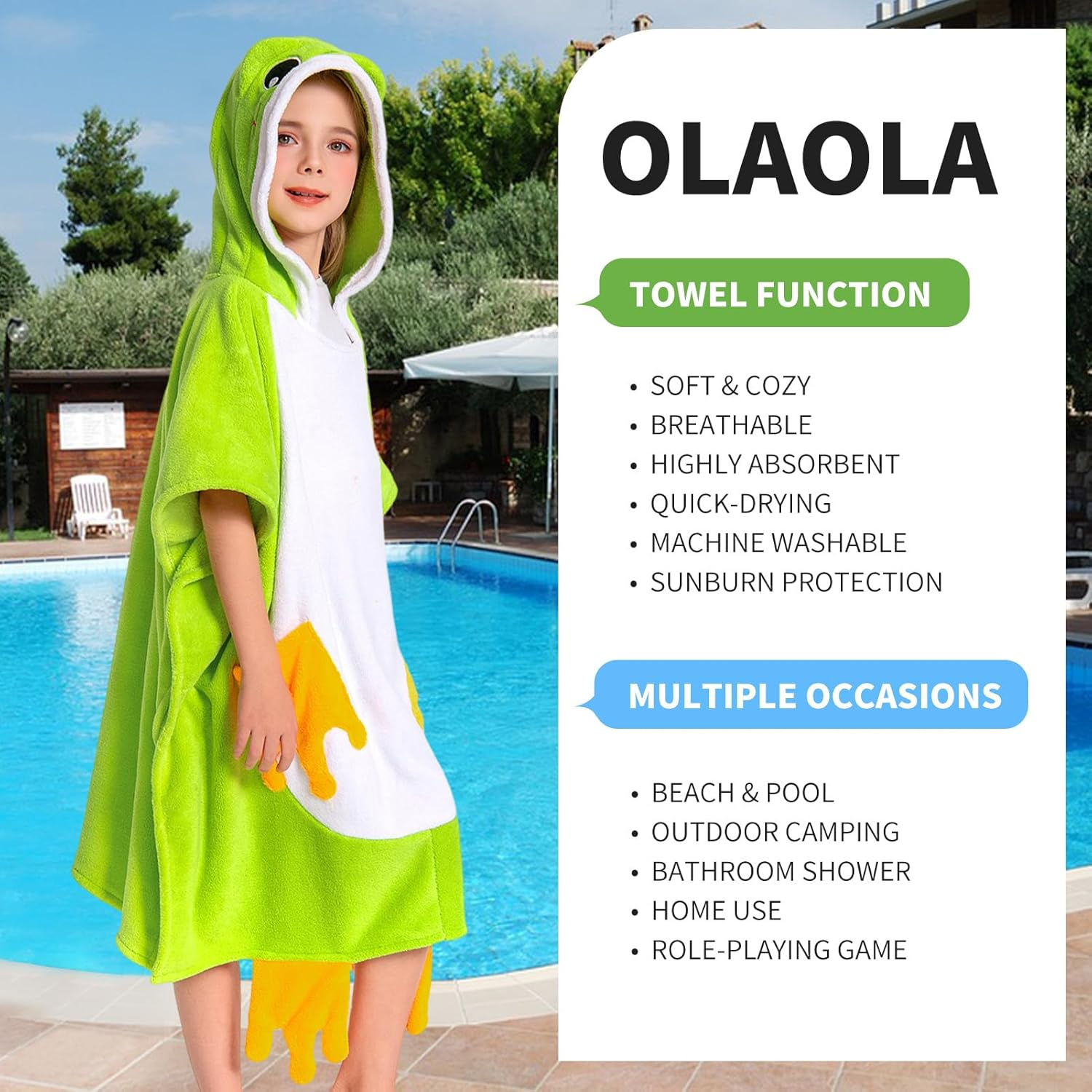 OLAOLA Frog Hooded Kids Beach Towels, Soft Absorbent Kids Hooded Bath Towel Wrap for Boys Girls, Toddler Pool Swim Towel with Hood for Ages 3-12