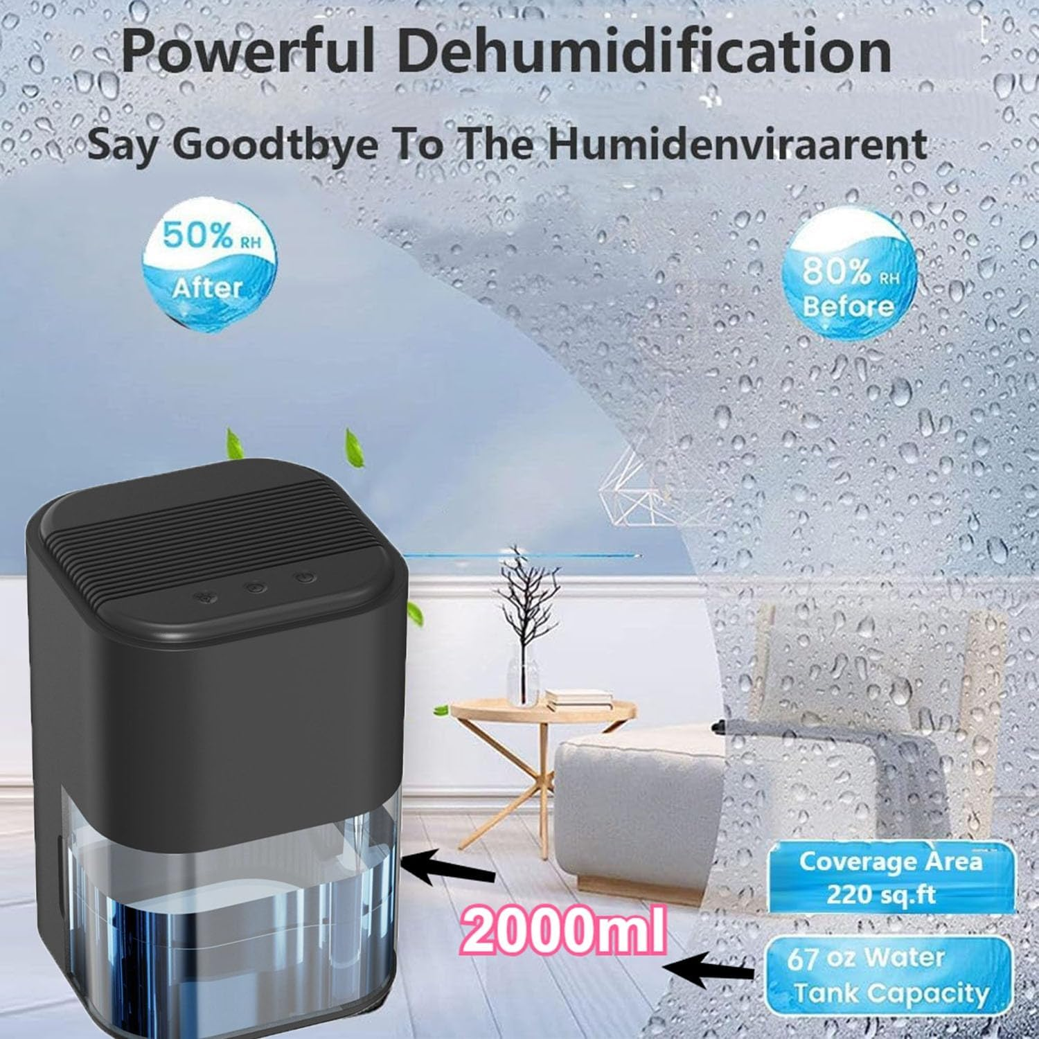 Compact Mini Dehumidifier for Home, 2L Small Dehumidifiers with 7 LED Lights, Two Working Modes, Auto Shut-Off, Perfect for Bedroom, Bathroom, Closet, Basement (Black(Au PLUG)) image number 5