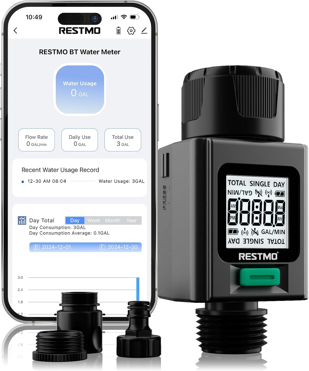 RESTMO Smart Water Flow Meter, 180&deg; Adaptive Garden Hose Tap Meter, Measure Gallon/Liter Consumption and Flow Rate for Outdoor Garden Hose Watering, RV Water Tank Filling, Lawn Sprinkler and Nozzle