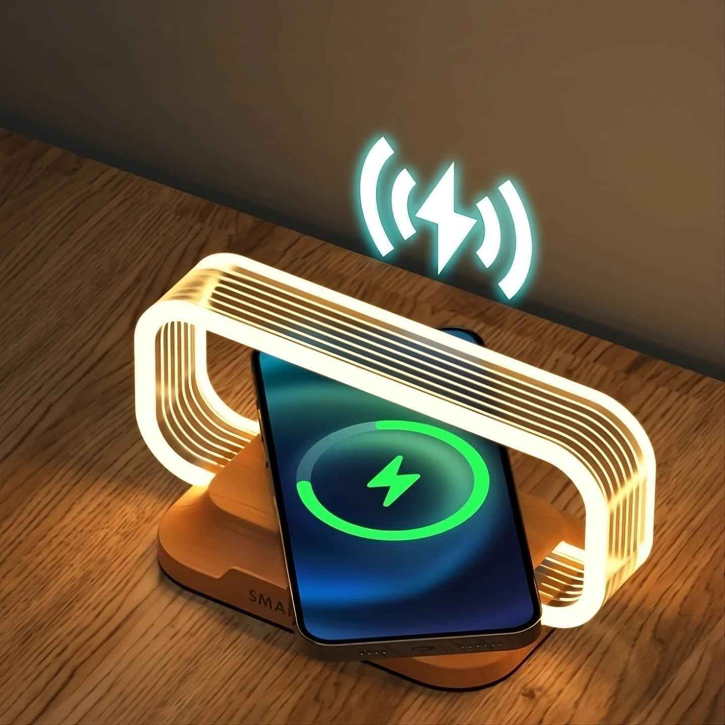 SNSUTY Portable Bedside Table Lamp with 15W Wireless Charger,Touch Control LED Night Light with Clock & USB Port, 3 Color Modes Dimmable Table Lamp Wooden Small Modern Nightstand Lamp Desk Lamp Gift