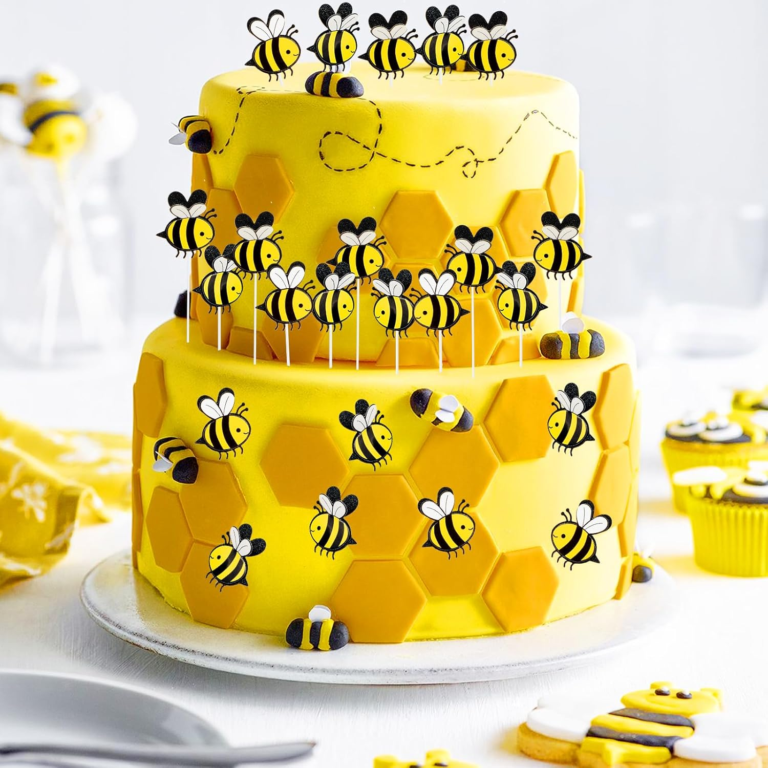 30 Pieces Double Layer Bee Cake Toppers, Card Decorations, Bumble Figurine Cupcake Picks for Themed Party, Weddings, Celebrations or Birthday Decorations