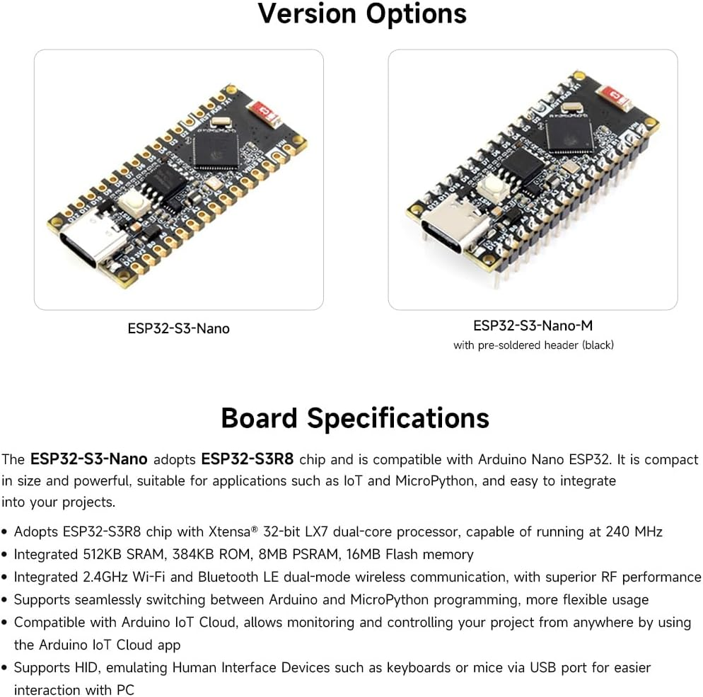 Waveshare Esp32-S3-Nano Development Board, Based on ESP32-S3R8, Compatible with Arduino Nano ESP32, without Header image number 1