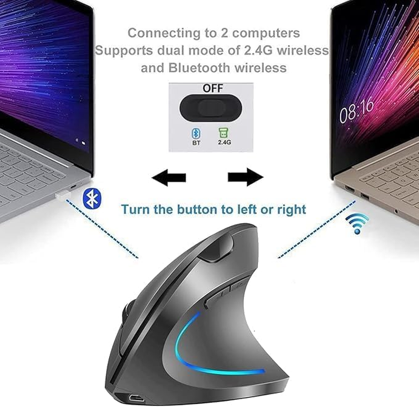 Vertical Mouse, Right Handed 2.4Ghz Wireless Ergonomic Rechargeable Vertical Mouse with 4 Adjustable DPI 800/1200/1600/2400, 6 Buttons,Compatible with PC, Desktop,Mac (Grey) image number 2