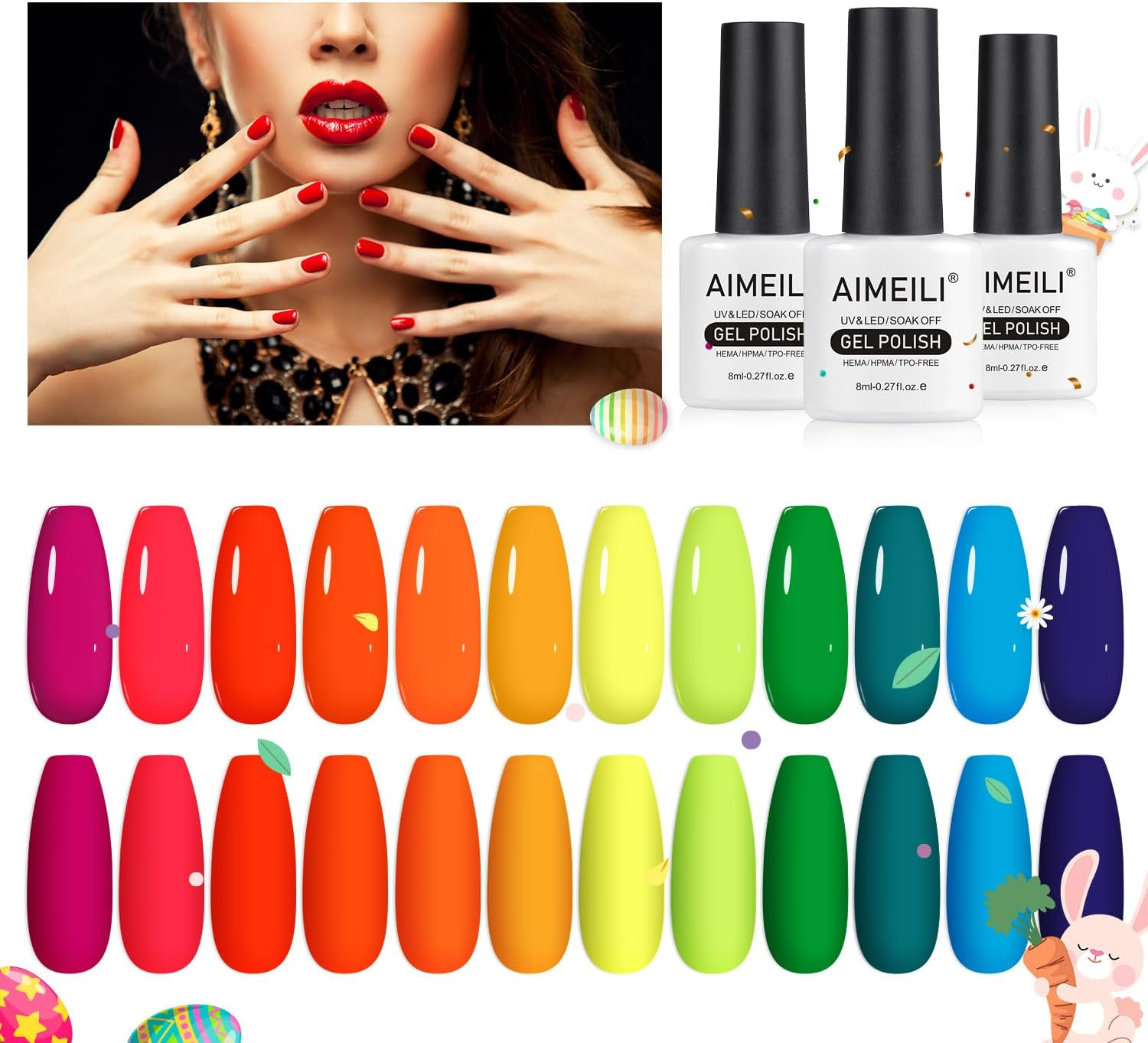 AIMEILI Soak off UV LED Gel Nail Polish Summer Colour Bright Neon Hema Free Gel Polish Set of 12Pcs X 8Ml - Kit Set 24