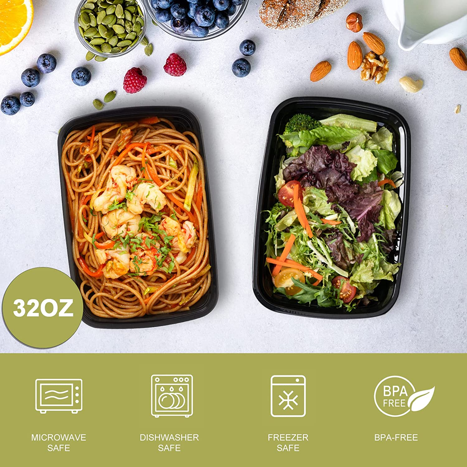 50 Pack- Meal Prep Containers 32Oz, Plastic Food with Lids, Leakproof to Go Lids Reusable Containers, Bpa-Free, Microwave/Dishwasher/Freezer Safe Black-50Pack image number 1