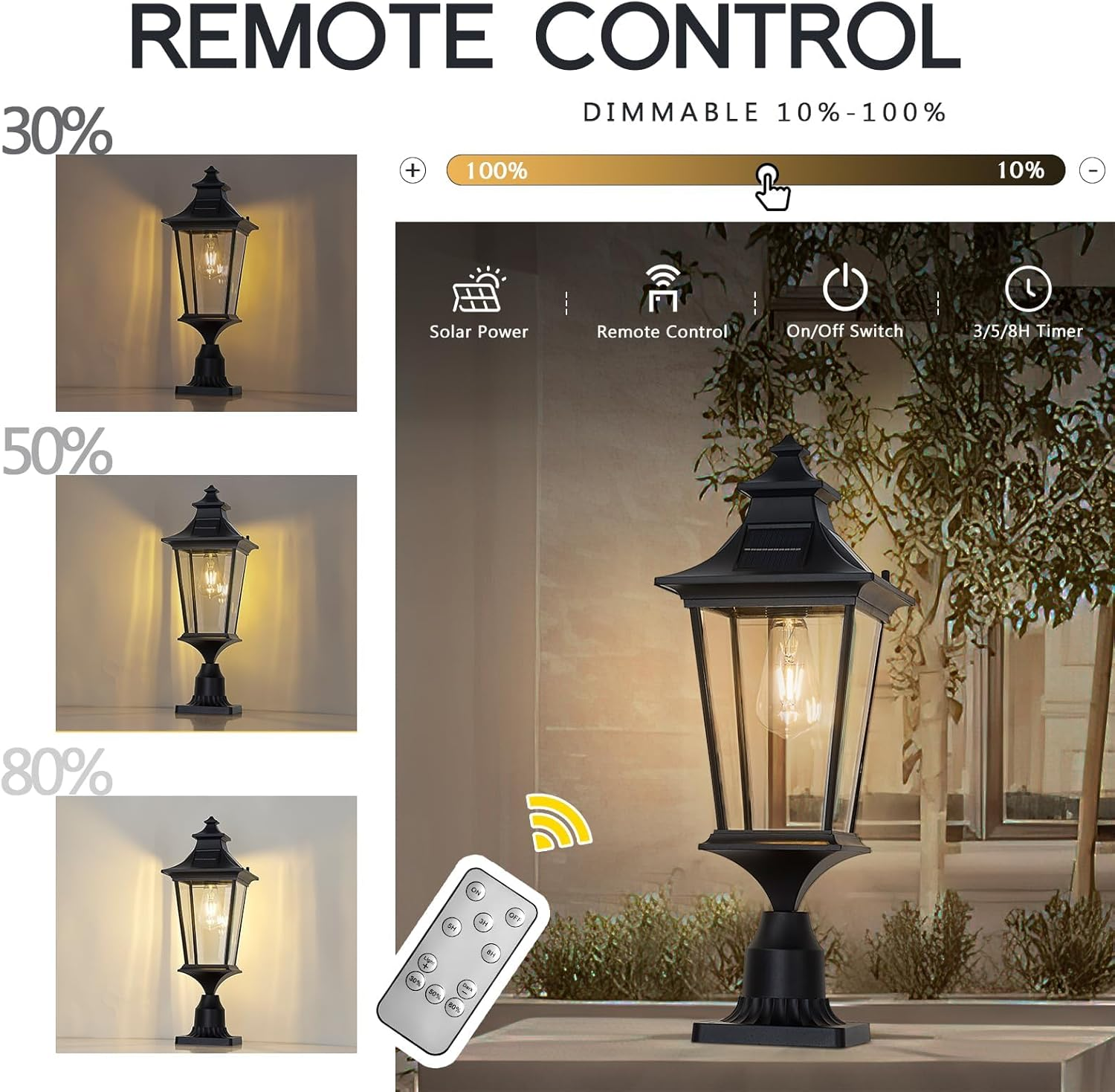 EMLIVIAR 22 Inch Farmhouse Solar Lamp Post Light with Pier Mount, Large Outdoor Post Light for outside Patio with Remote Control, Die-Cast Aluminum, Black Finish, 500181M-SL BK image number 3