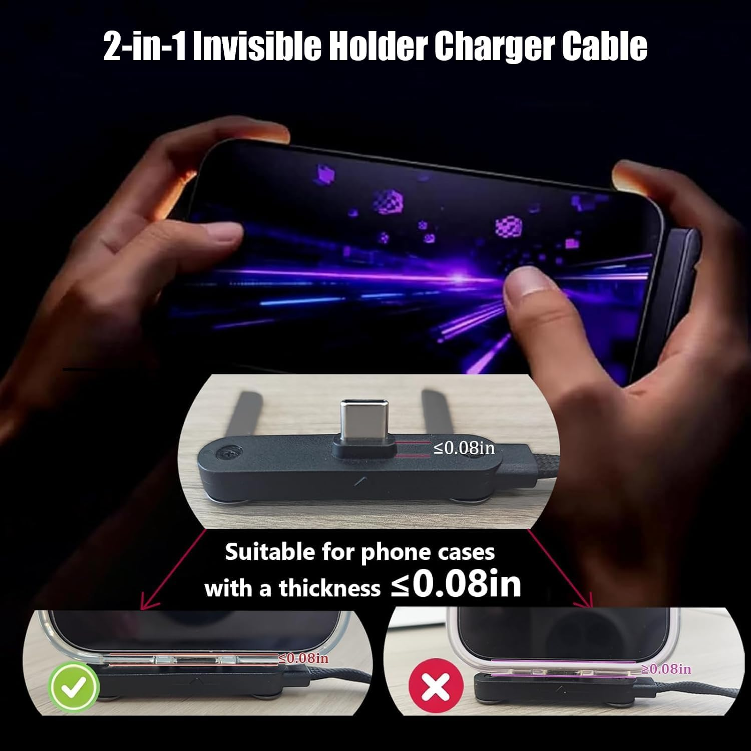 Sideways Phone Charger,2-In-1 Invisible Holder Charger Cable,240W Braided Fast Charge with Built-In Phone Stand, 4.9FT/240W Fast Charging, 360&deg; Rotation, for Smartphones, Tablets (USB to Type-C) image number 2