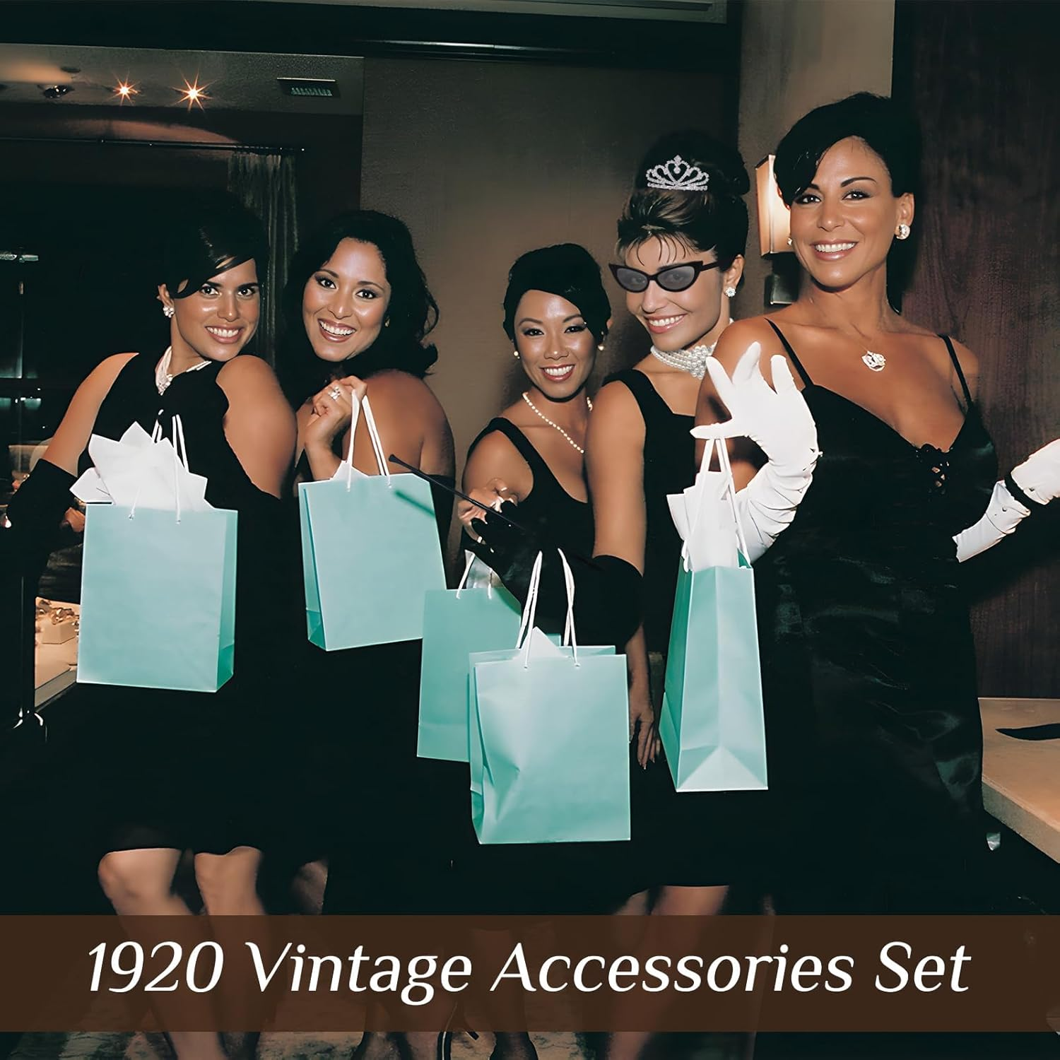 6PCS 1920 Retro Costume Accessories for Women, Fancy Dress Set with Pearl Necklace Tiara Earrings Gloves Sunglasses for Cosplay Carnival Birthday 20S Party image number 3