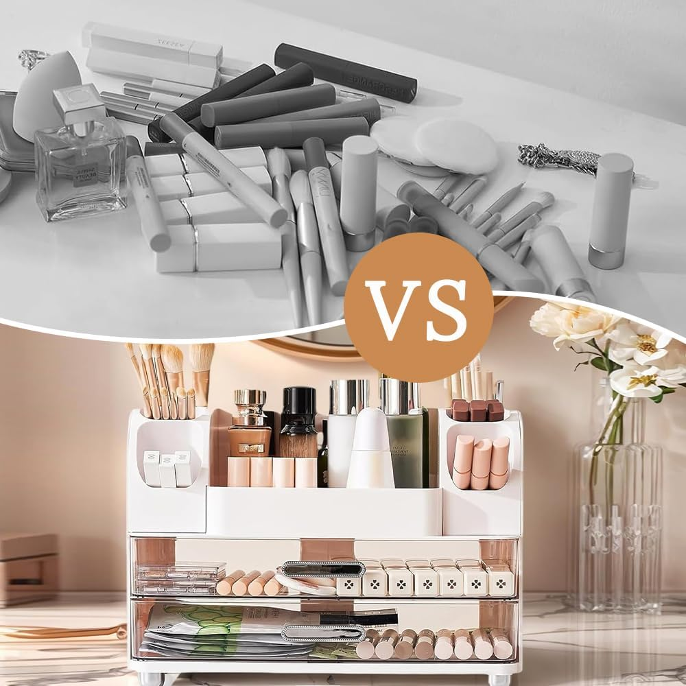 Dressing Table Cosmetic Storage Box with Two Large Drawers for Lotions, Lipsticks, Perfumes, Etc. Suitable for Bathroom, Makeup Table, Office, Bedroom (White) image number 2