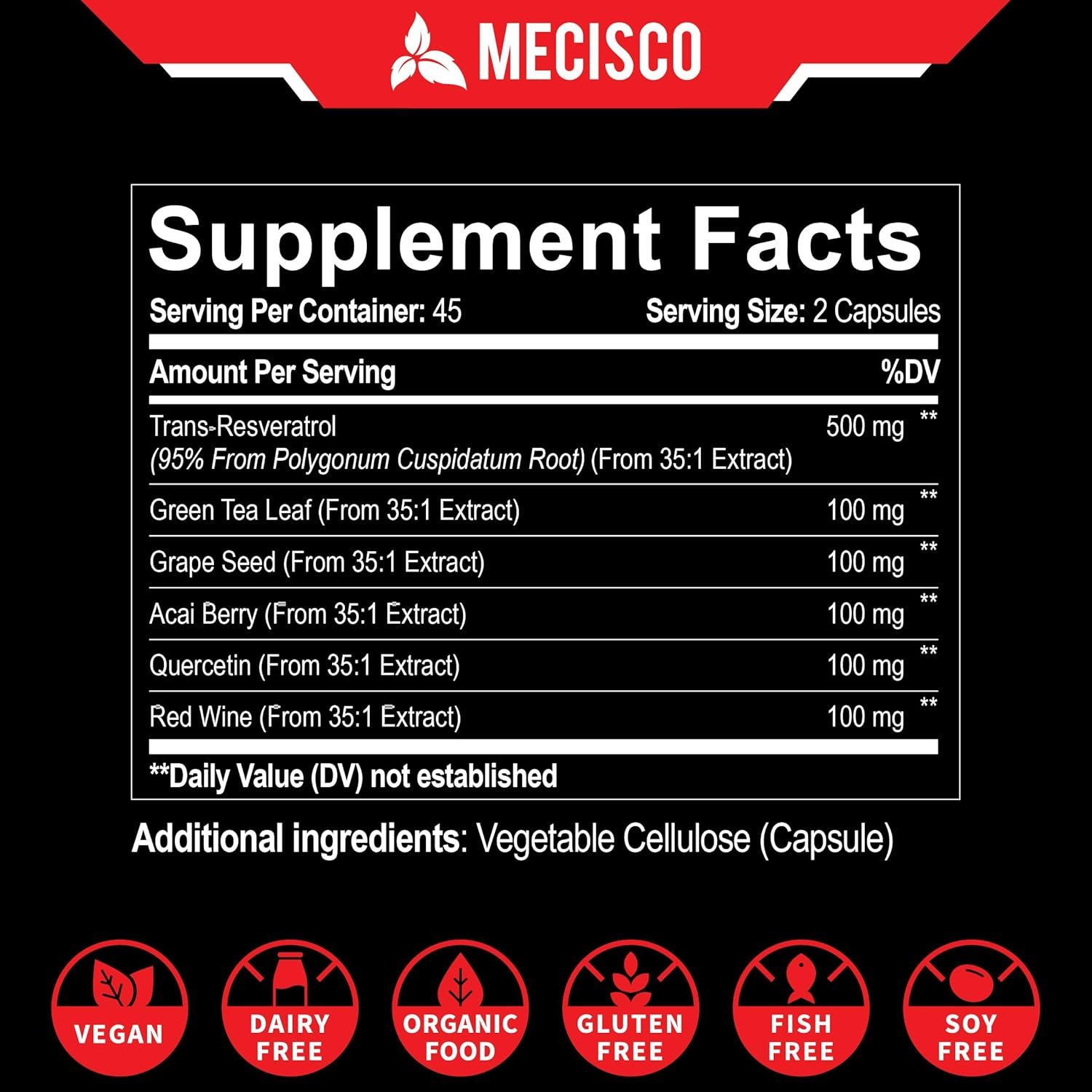 6In1 Resveratrol Supplement 35000Mg - Super Formula with Green Tea, Grape Seed, Acai Fruit, Quercetin & Red Wine - Support Mind, Heart Health & Immune System - 90 Capsules