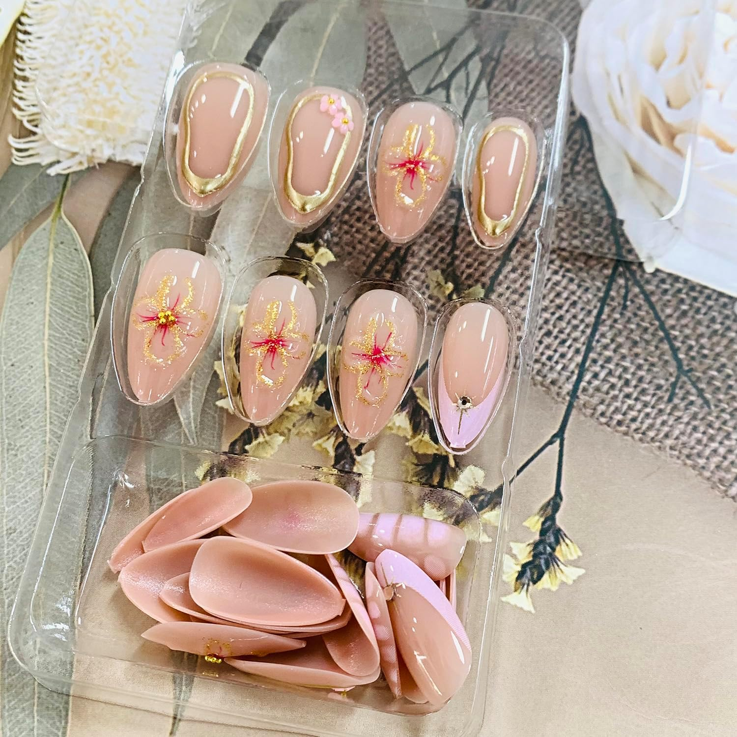 24 Pieces Press on Nails French Short Nails with Soft Gel Short Almond Nails Fake Nails with 3D Flowers & Pearls Adhesive Nails for Women image number 3