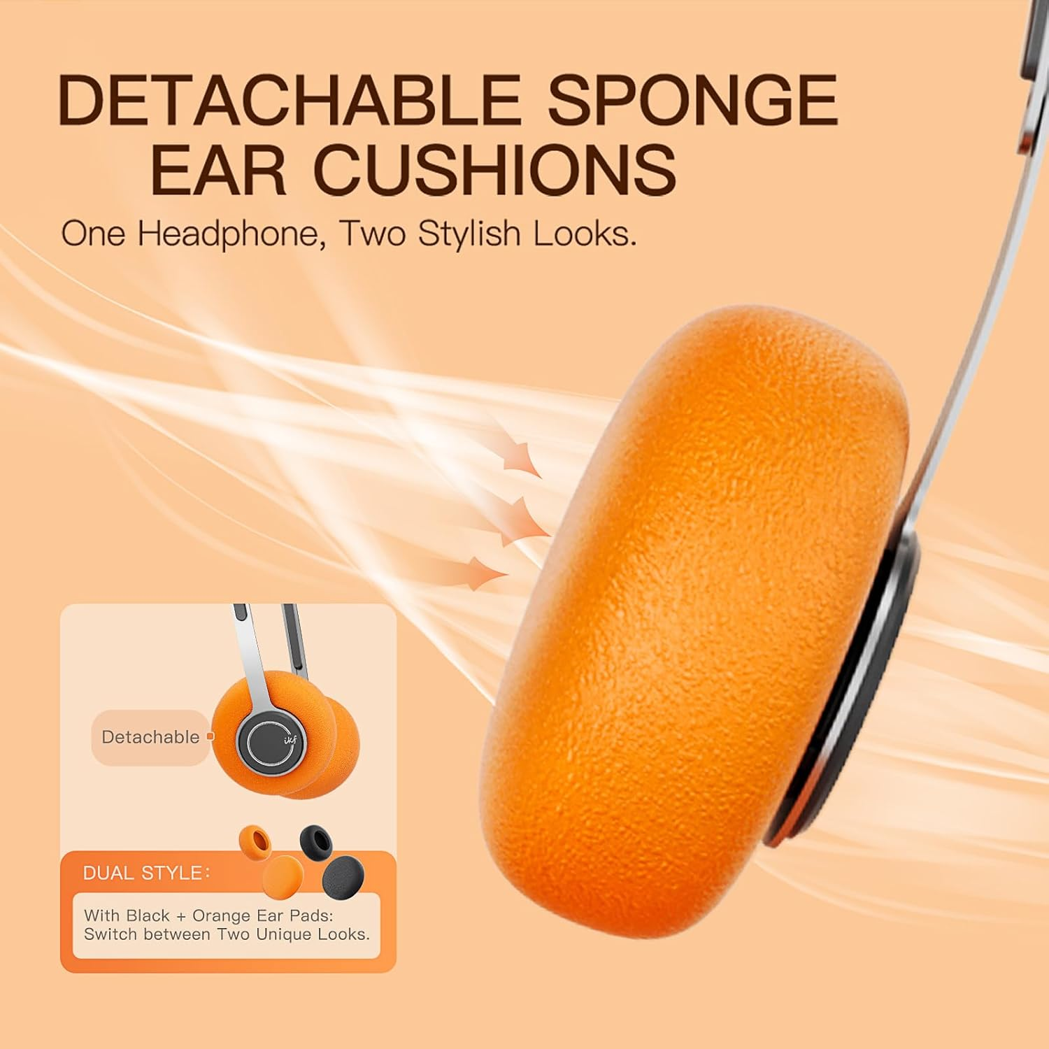 Ikf Y3 Retro Wired on Ear Headphones, Hifi Stereo Sound, Adjustable Headband, 3.5Mm Jack, Lightweight and Comfort, Replaceable Orange Ear Pads Suitable for Walkman/Computer image number 2