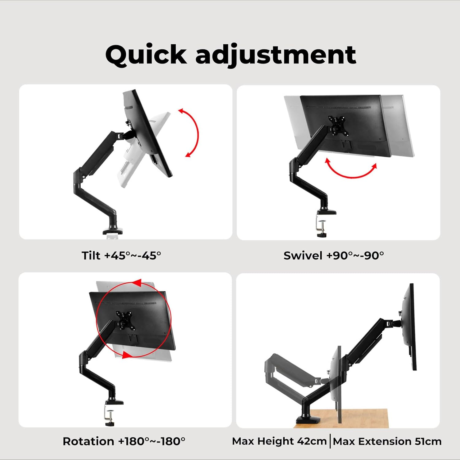 Single Monitor Stand Monitor Arm Desk Mount Height Adjustable, C Stand Fits Screens 13 to 32 Inches, Holds 10Kg, 360 Rotation Swivel, Premium Gas Spring, Universal VESA 75X75Mm or 100X100Mm