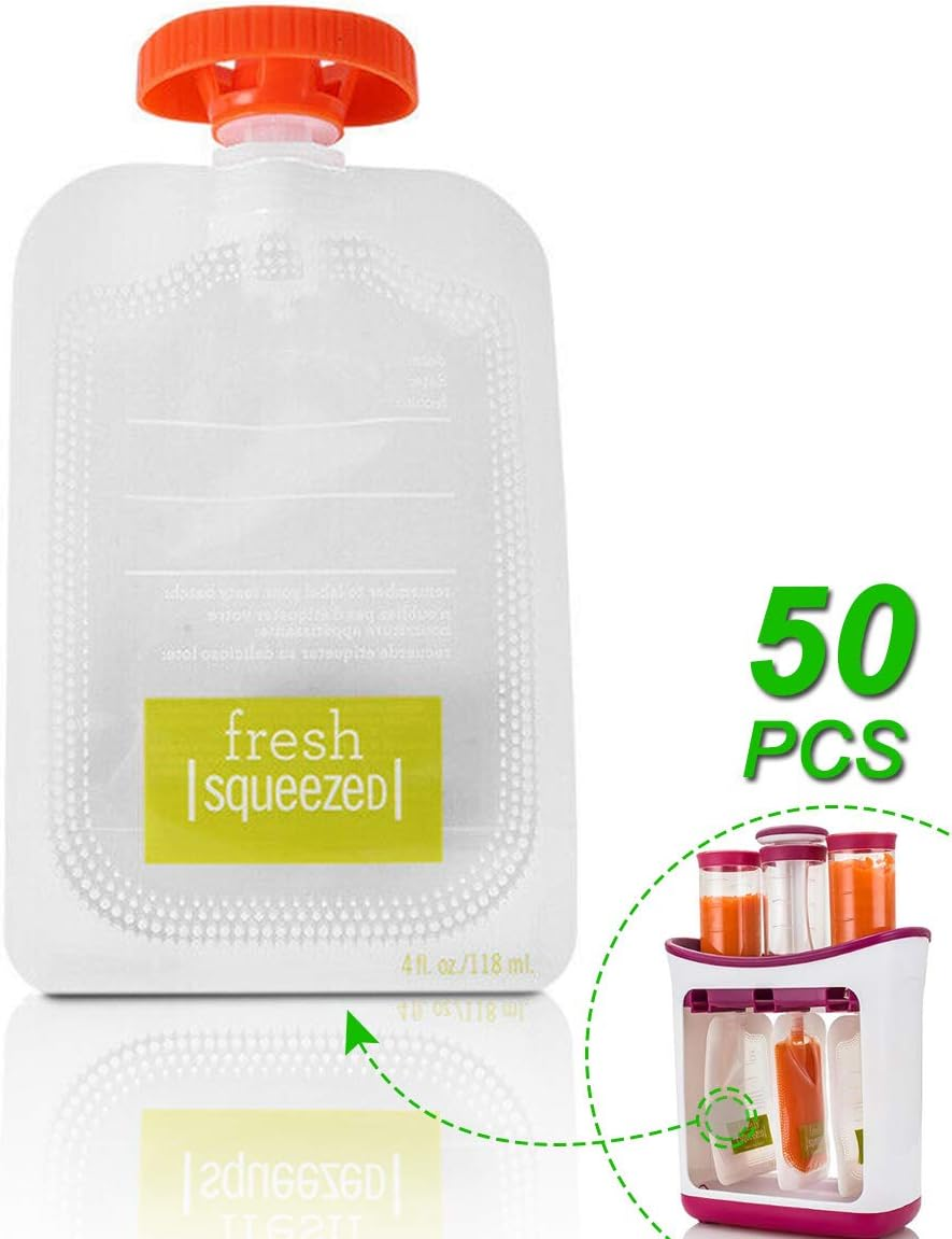 Pack of 50 Food Fruit Juice Puree Pouches Storage Bags Food Container Baby Children Infant Toddlers Feeding Supplies, Portable and Disposable, Clean and Healthy