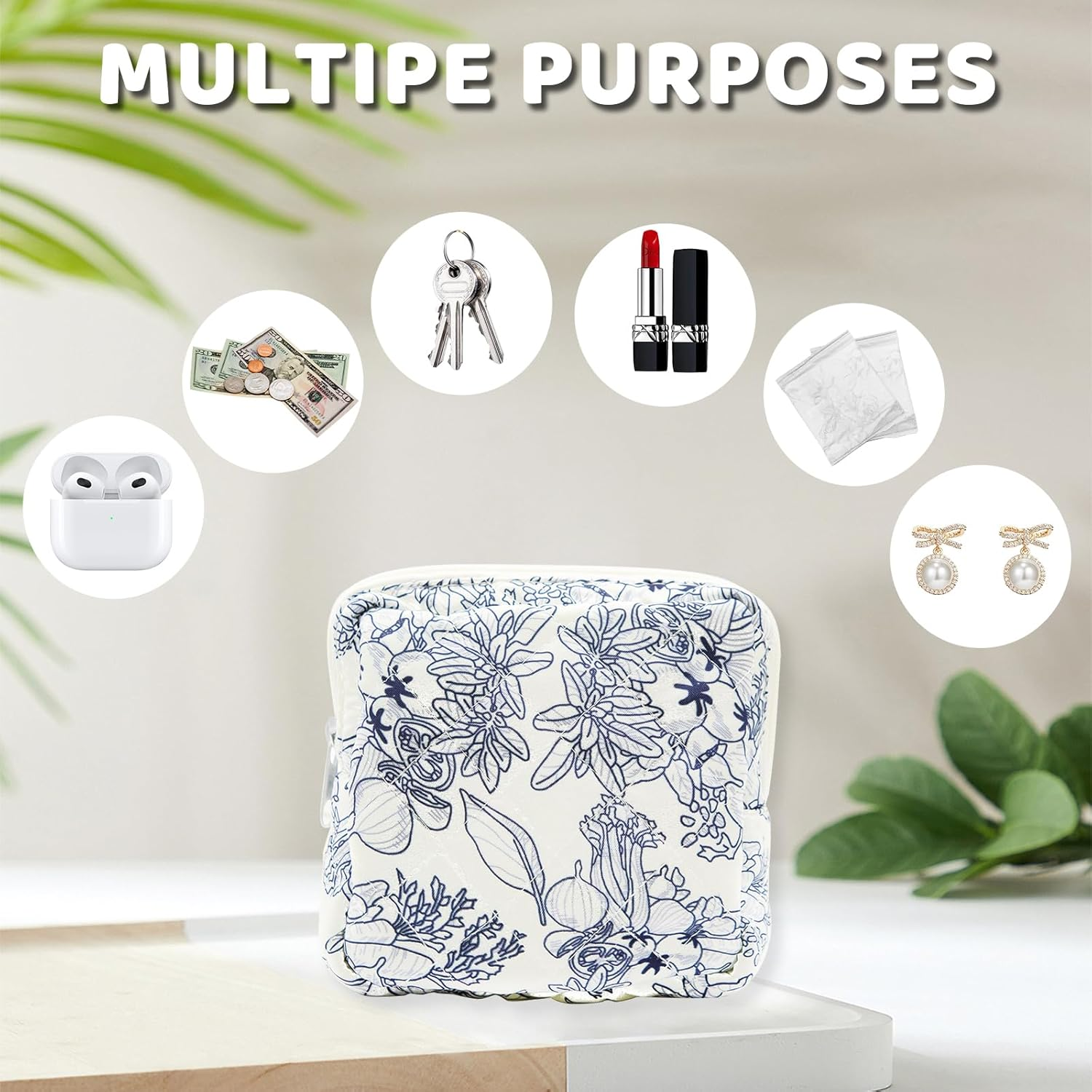 Long Keeper Small Makeup Bag for Handbag Cosmetic Bag with Compartments Small Toiletry Bag Mini Travel Toiletry Pouch, Navy Flower, S, Small Make up Bag image number 6