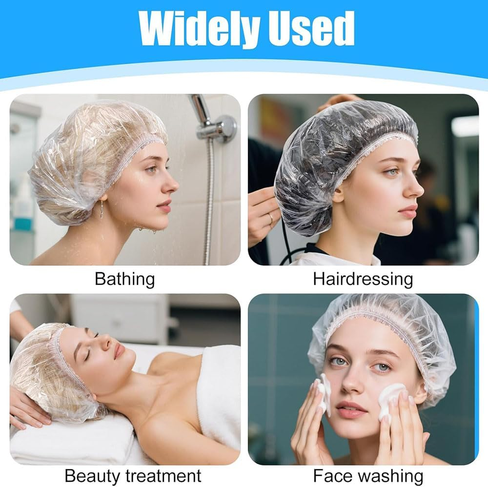 100 Pack Disposable Shower Caps - Large Waterproof Bath Caps for Women & Kids, Clear Plastic Hair Covers for Spa, Salon, Travel & Home Use image number 3