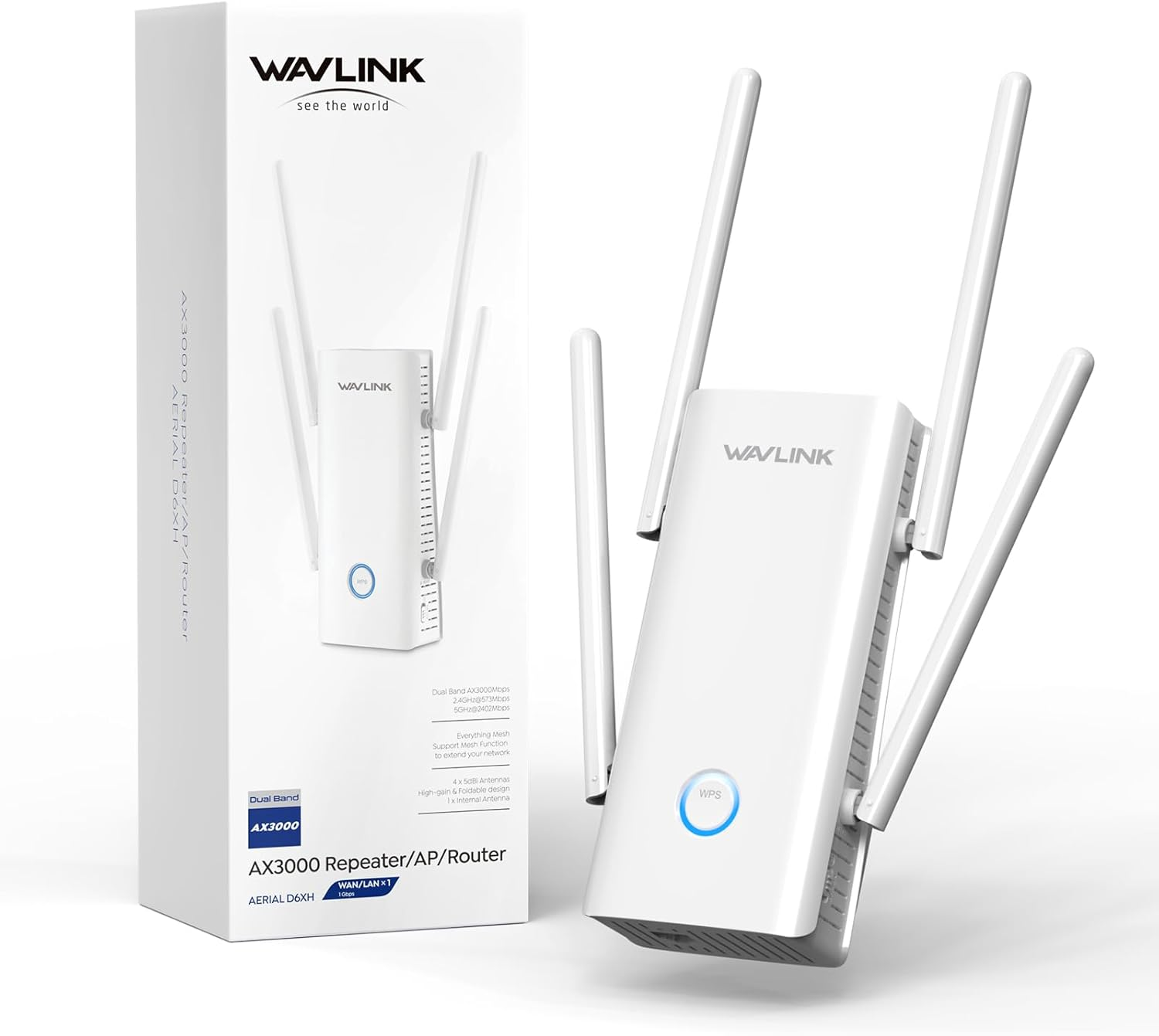 WAVLINK AX3000 Wifi 6 Extender - Internet Extender Wifi Booster with 5 High-Gain Antennas & Beamforming, Dual Band Whole Home Coverage, Gigabit Port, Repeater/Ap/Router Mode for 256 Devices image number 1