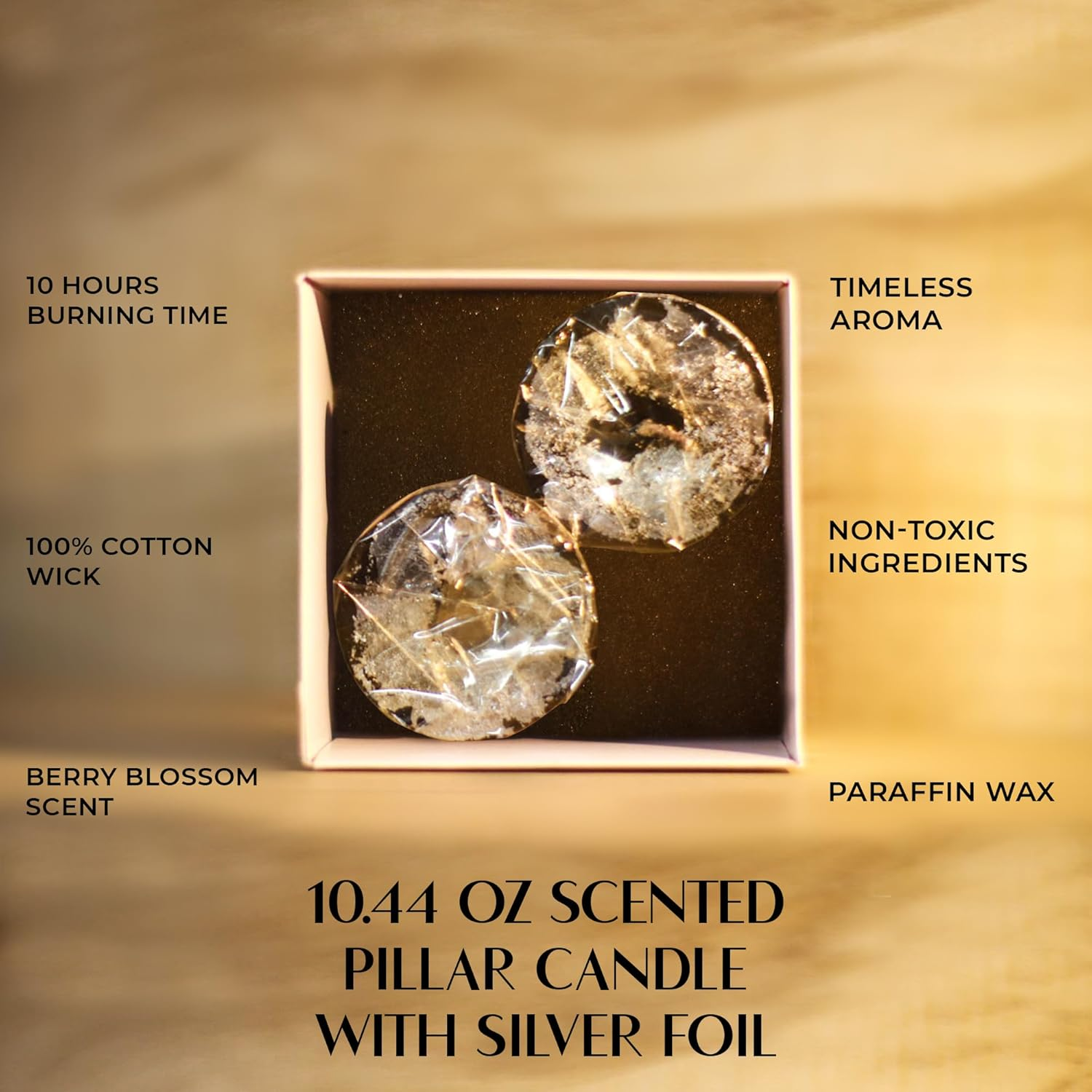 Apexor 2-Piece Black Silver Foil Pillar Candles &ndash; Berry Blossom Scent, Hand-Poured &ndash; Decorative Candle Ideal for Home Holidays & Parties