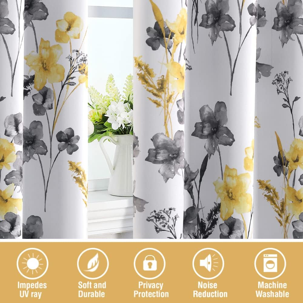 Princedeco 100% Blackout Curtains 2 Panels Set Cattleya Floral Printed Drapes Leah Floral Thermal Curtains for Bedroom with Black Liner Sound Proof Curtains,Grey and Yellow W132Cm X D213Cm image number 2